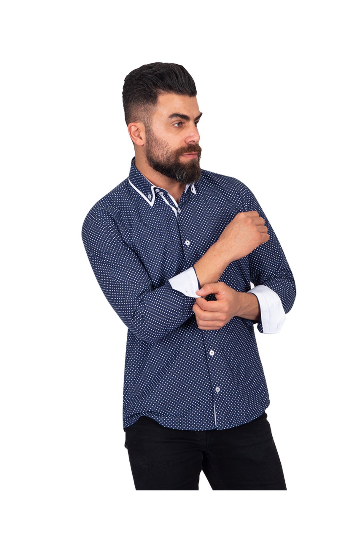 Erkek Lacivert Beyaz Puantiyeli Duble Yaka Pamuklu Slim Fit Gömlek