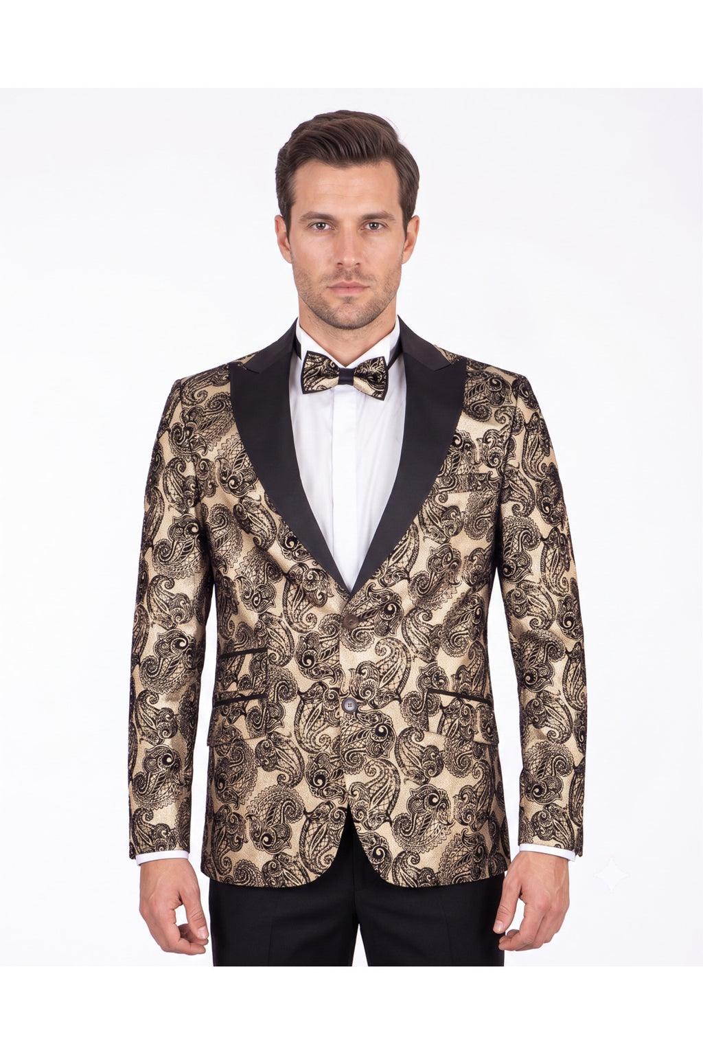 Slim Fit Altın Siyah Paisley Desenli Smokin Yaka Çift Düğmeli Ceket & Papyon