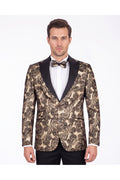 Slim Fit Altın Siyah Paisley Desenli Smokin Yaka Çift Düğmeli Ceket & Papyon