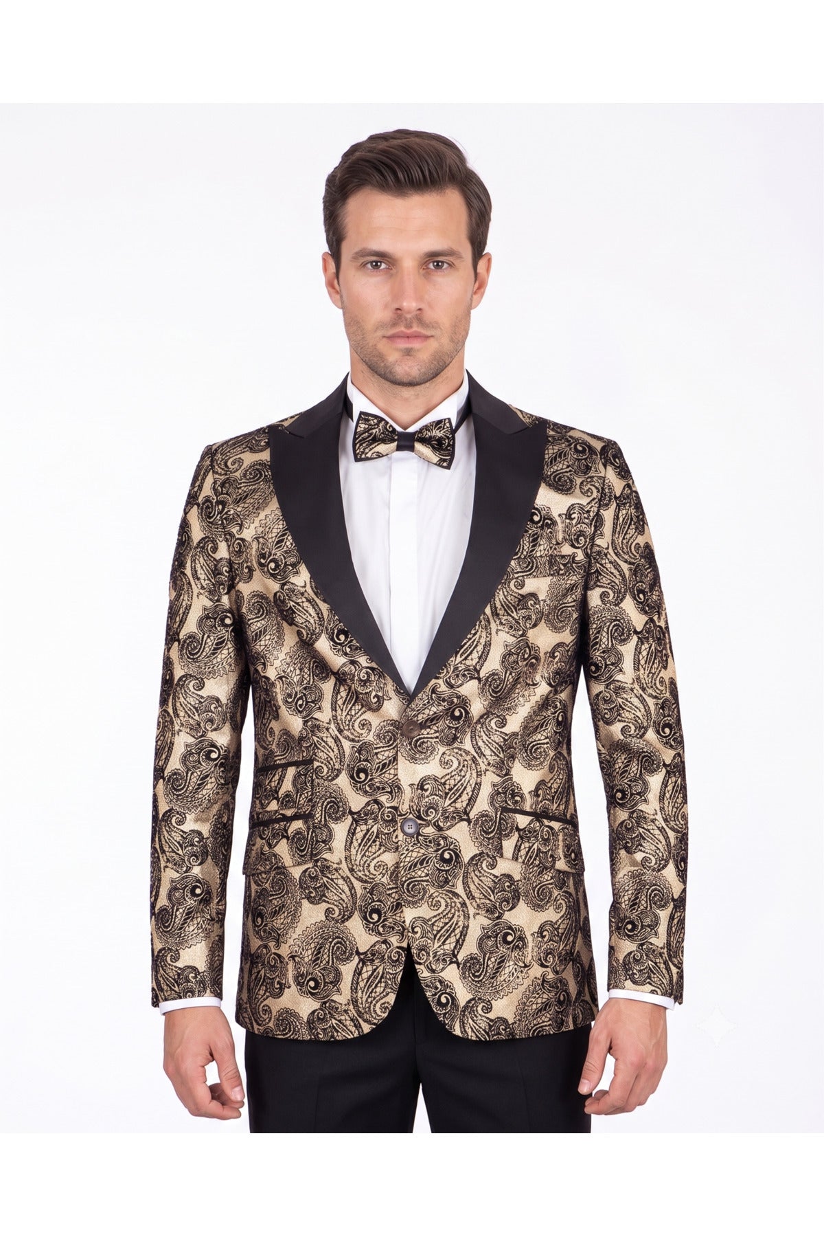 Slim Fit Altın Siyah Paisley Desenli Smokin Yaka Çift Düğmeli Ceket & Papyon