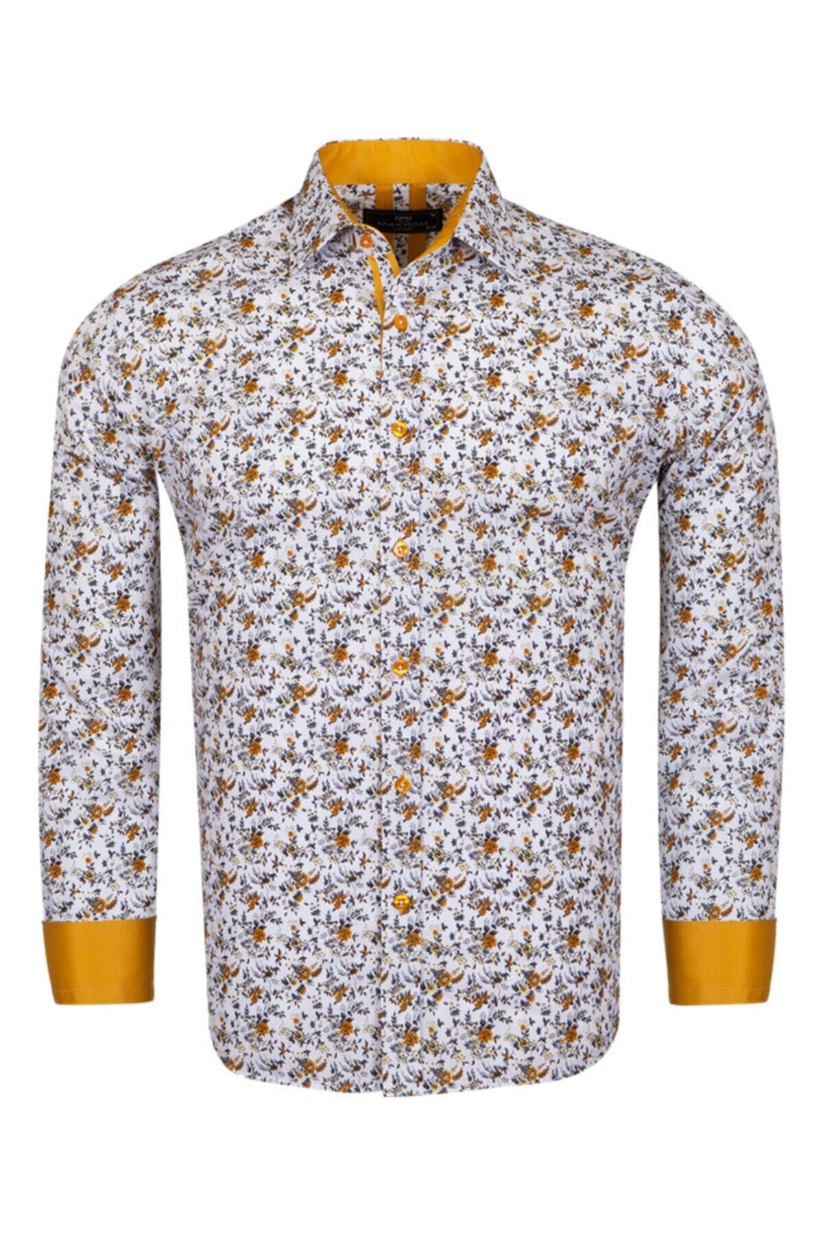 Erkek Camel Desenli Gömlek Yaka Detaylı Pamuklu Slim ve Regular Fit Uzun Kollu Gömlek