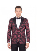 Bordo Siyah Jakarlı Slim Fit Erkek Ceket - Çift Düğmeli & Papyonlu