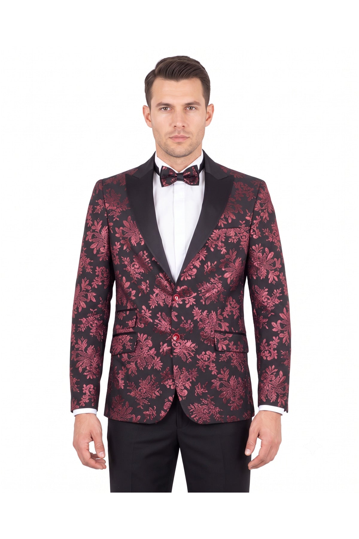 Bordo Siyah Jakarlı Slim Fit Erkek Ceket - Çift Düğmeli & Papyonlu