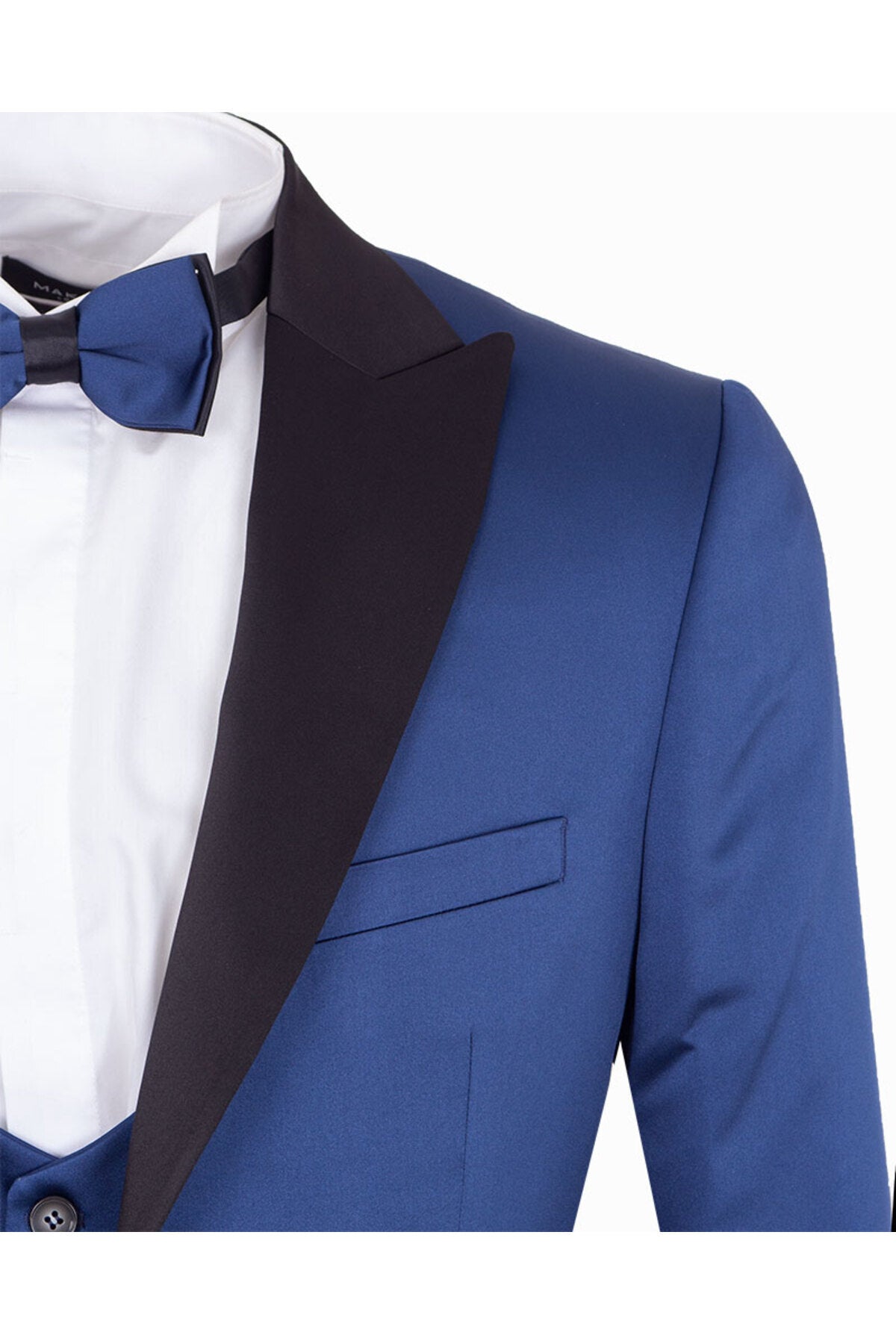 Erkek Slim Fit 3’lü Smokin Seti - Ceket + Yelek + Papyon - Mavi