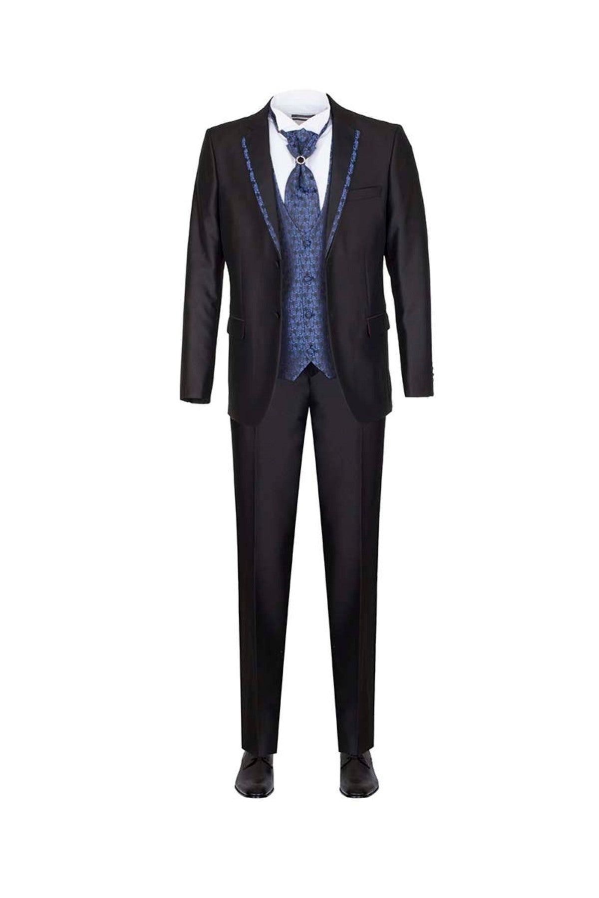 Siyah Damatlık Seti -Seyyar Yaka & Lacivert Desenli Yelek & Aksesuarlı Slim Fit Takım Elbise