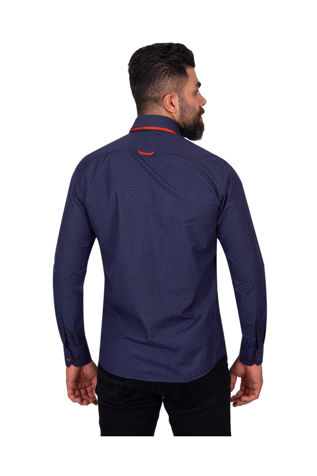 Erkek Lacivert Kırmızı Puantiyeli Duble Yaka Pamuklu Slim Fit Gömlek