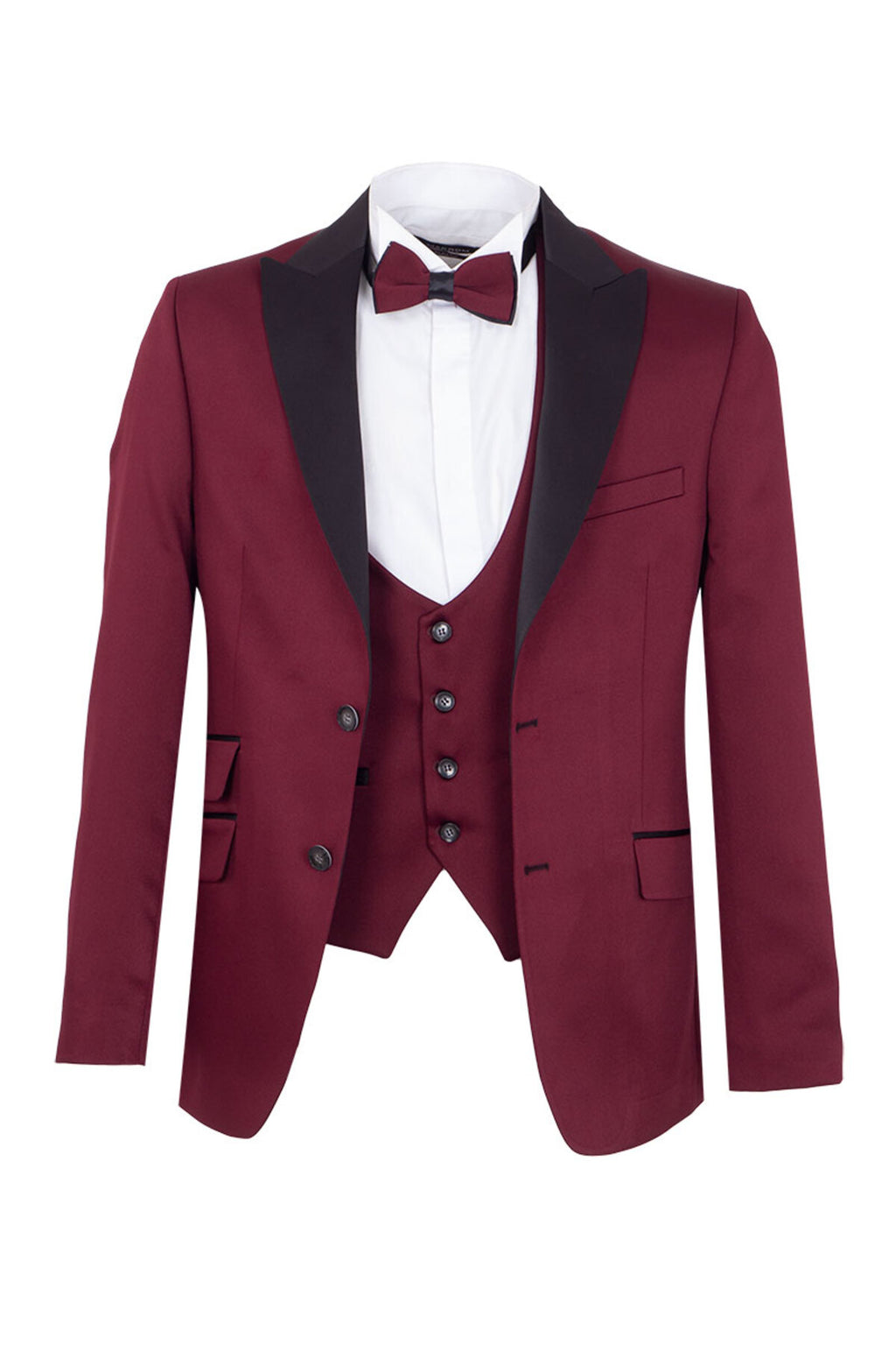 Erkek Slim Fit 3’lü Smokin Seti - Ceket + Yelek + Papyon - Bordo