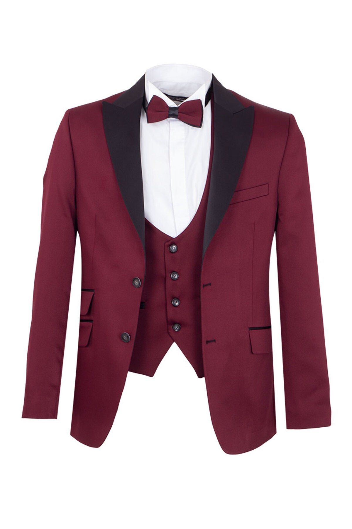 Erkek Slim Fit 3’lü Smokin Seti - Ceket + Yelek + Papyon - Bordo