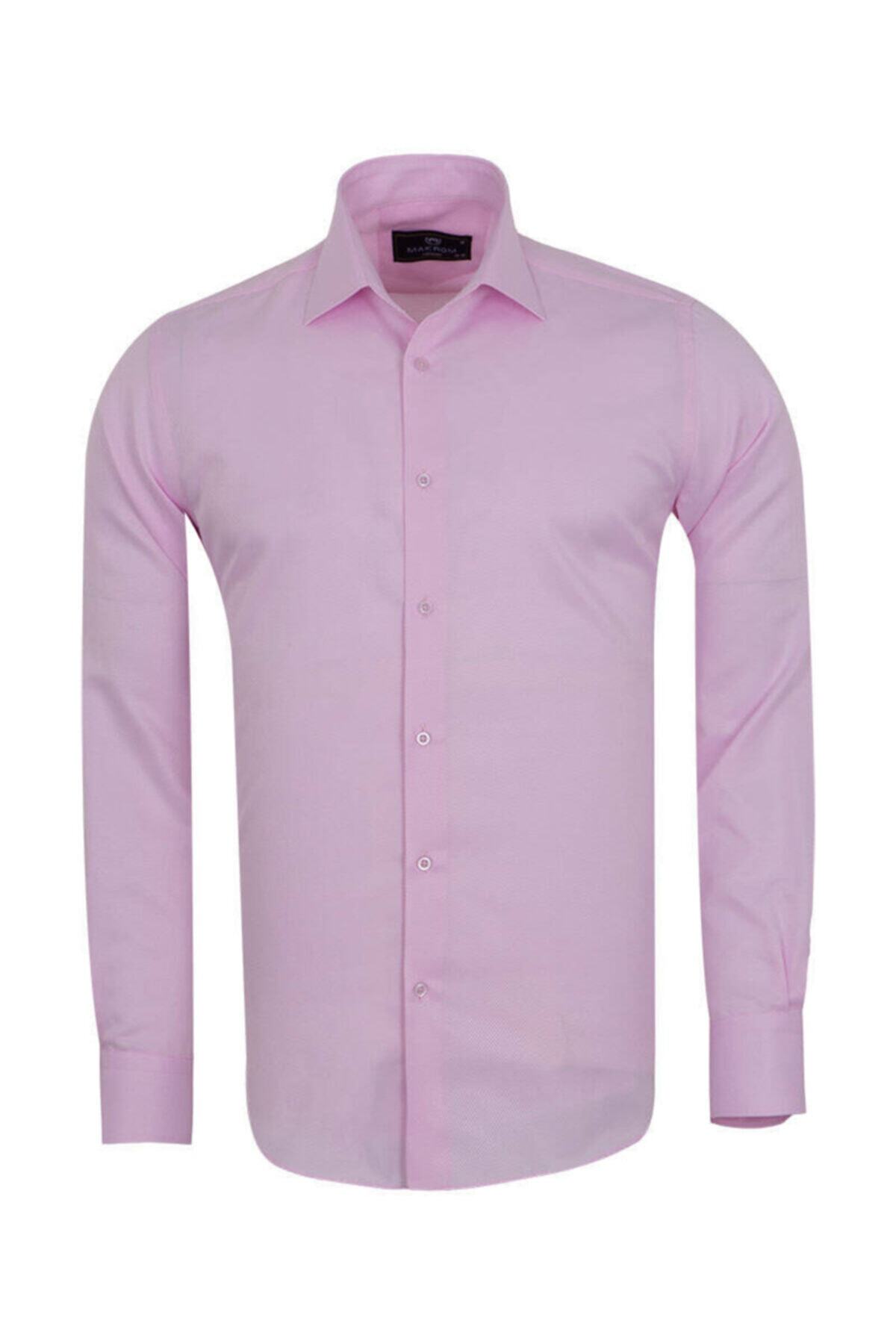 Erkek Pembe Pamuklu Diagonel Kumaş Verev Çizgili Slim ve Regular Fit Uzun Kollu Gömlek