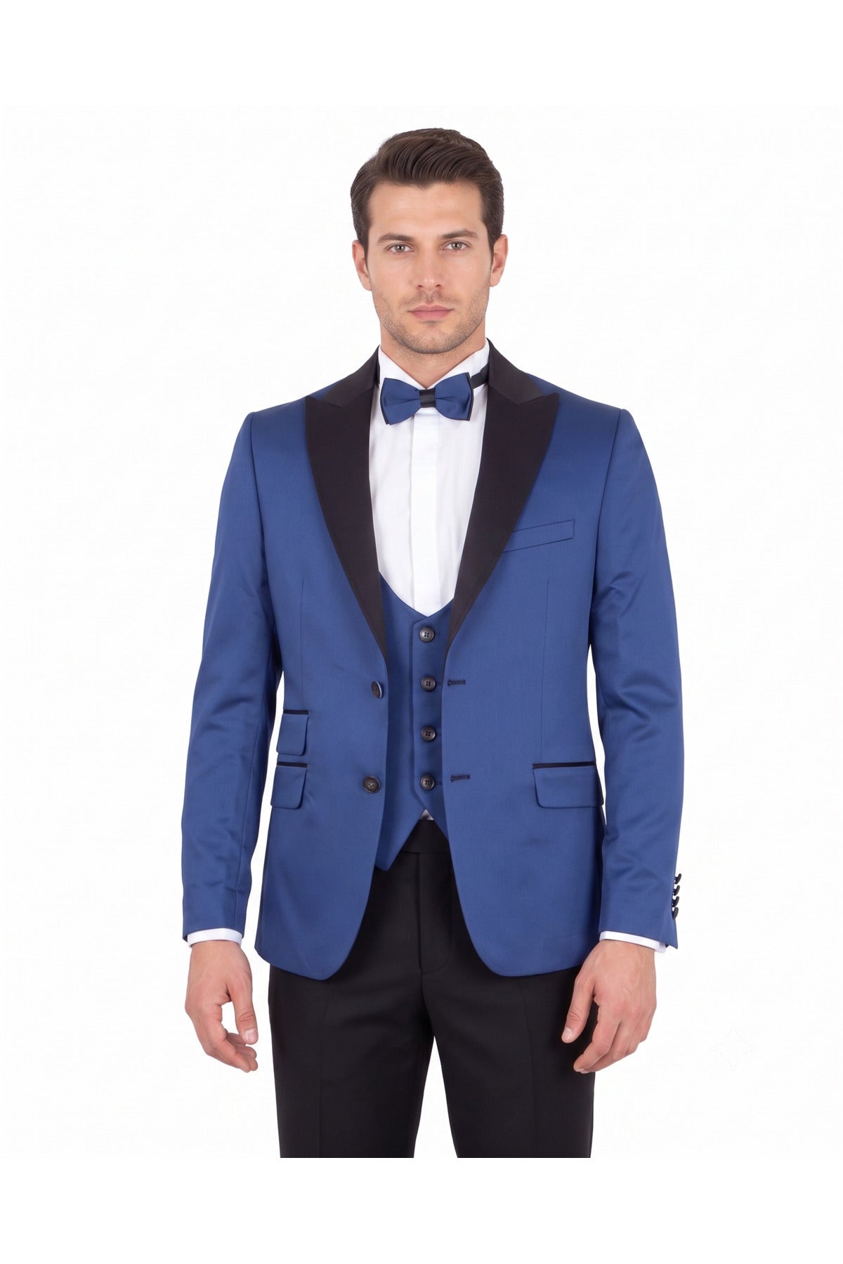 Erkek Slim Fit 3’lü Smokin Seti - Ceket + Yelek + Papyon - Mavi