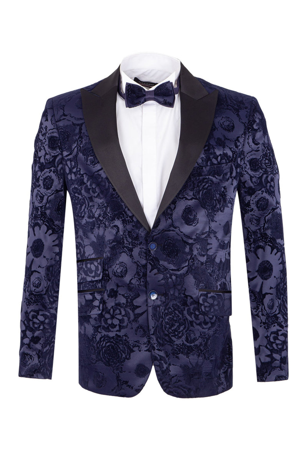 Premium Lacivert Kadife (Velvet) Jakar Smokin Ceket - Kabartma Çiçek Desenli Papyon Seti