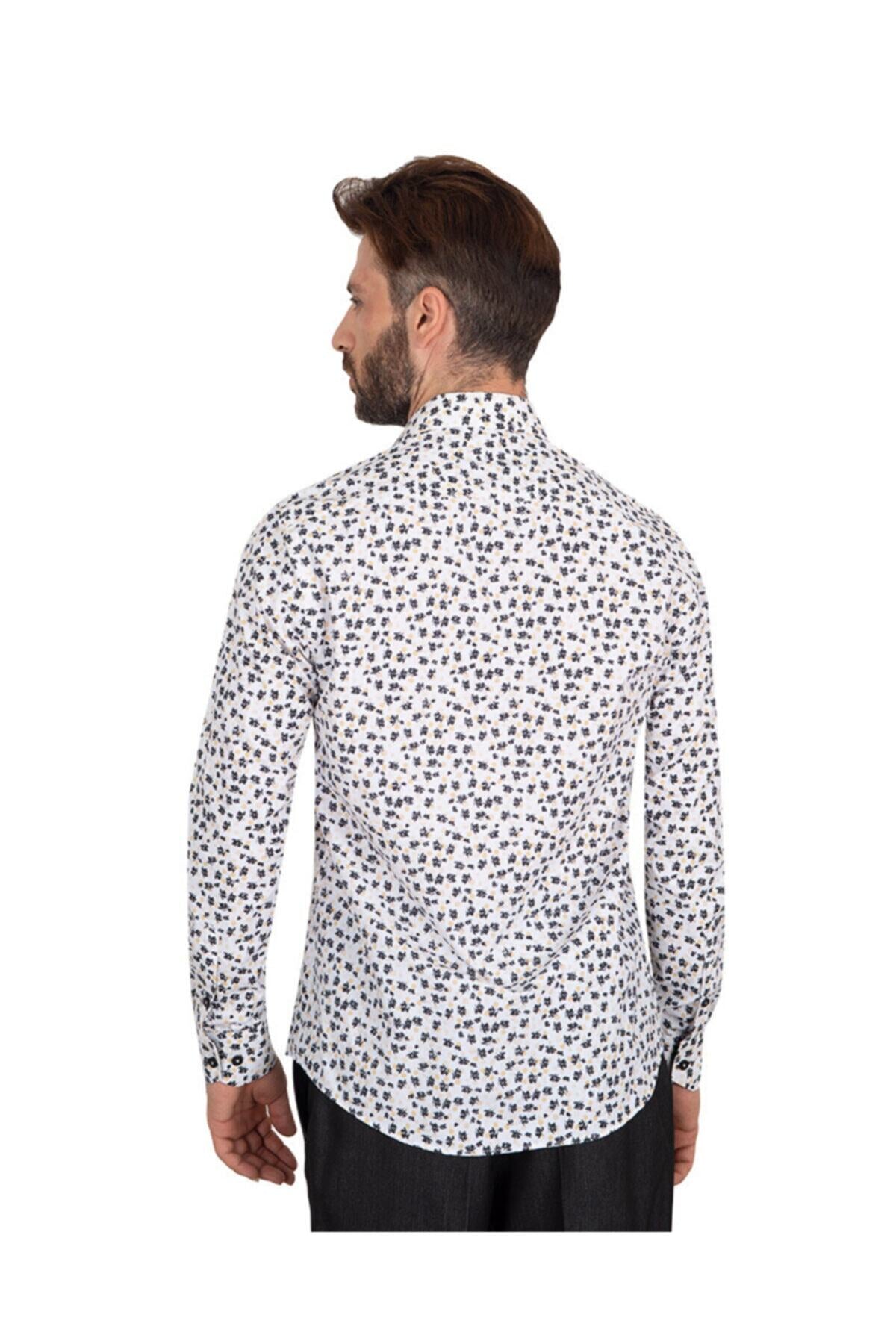 Erkek Siyah Desenli Uzun Kol Detaylı Classic Fit Pamuklu Gömlek