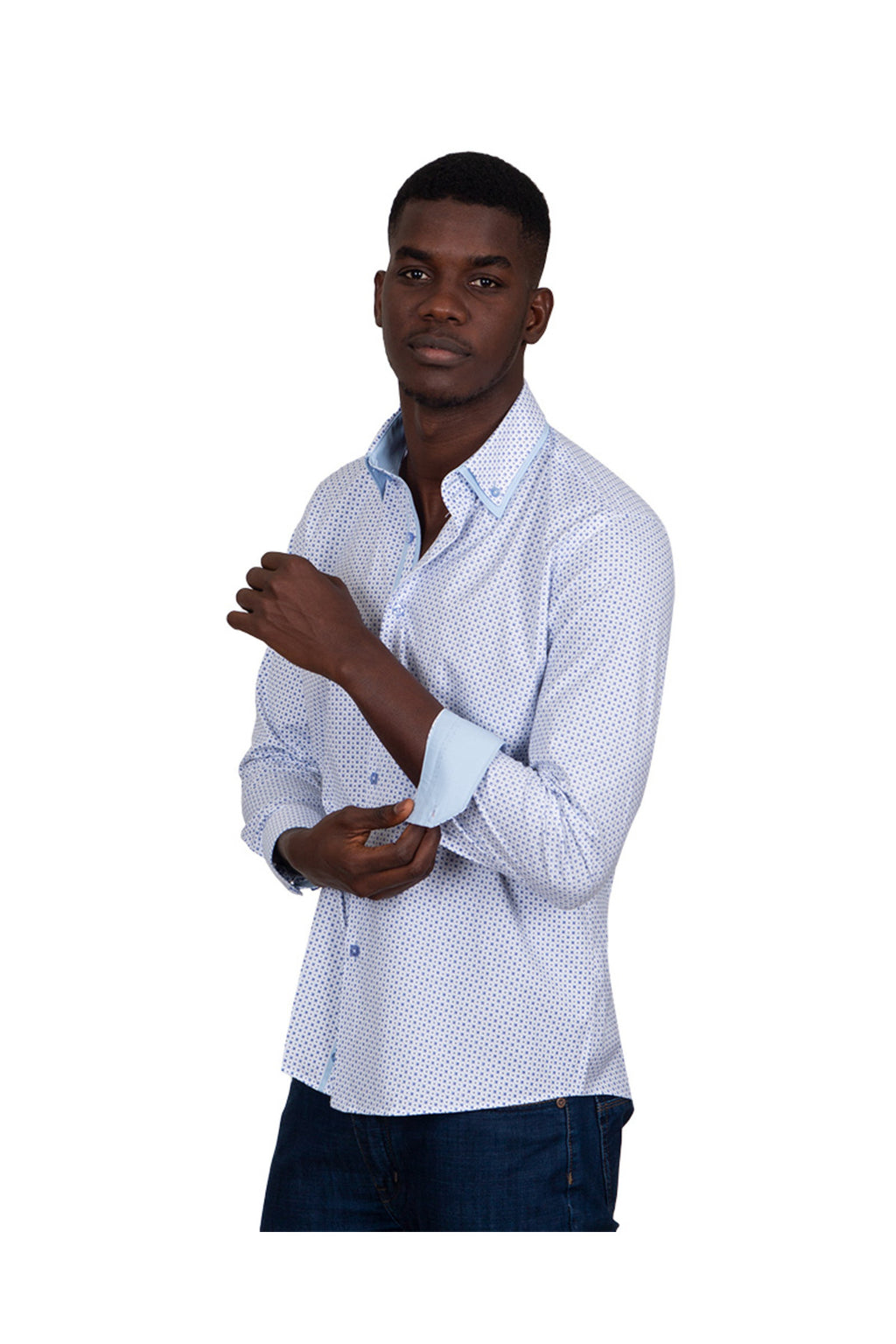Erkek Beyaz Mavi Mikro Desenli Duble Yaka Slim Fit Pamuklu Gömlek