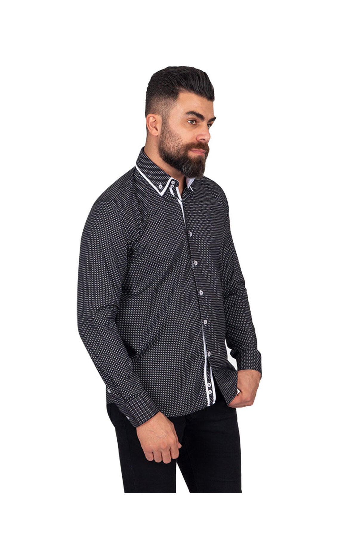 Siyah Tasarım Detaylı Slim Fit Erkek Gömlek