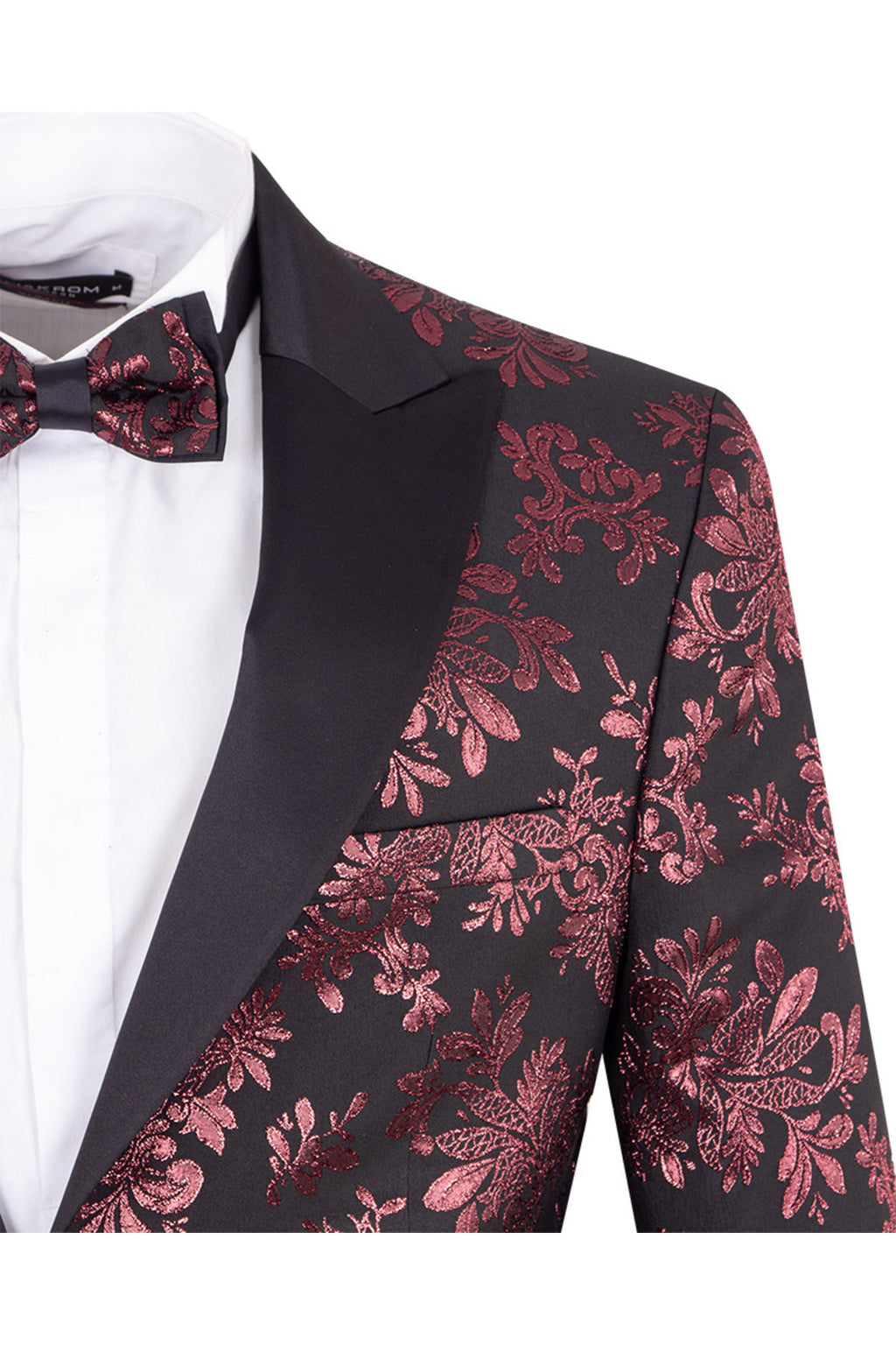 Bordo Siyah Jakarlı Slim Fit Erkek Ceket - Çift Düğmeli & Papyonlu