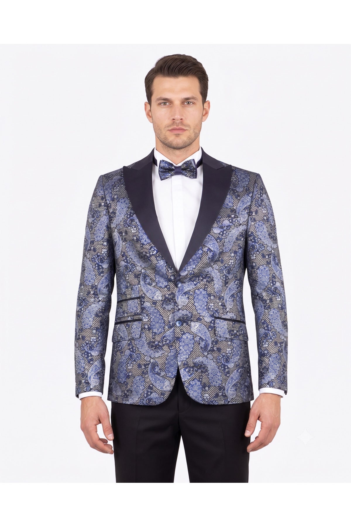 Lüks Lacıvert Gri Paisley Desenli Jakar Smokin Ceket - Slim Fit Papyonlu Özel Gün Ceketi.