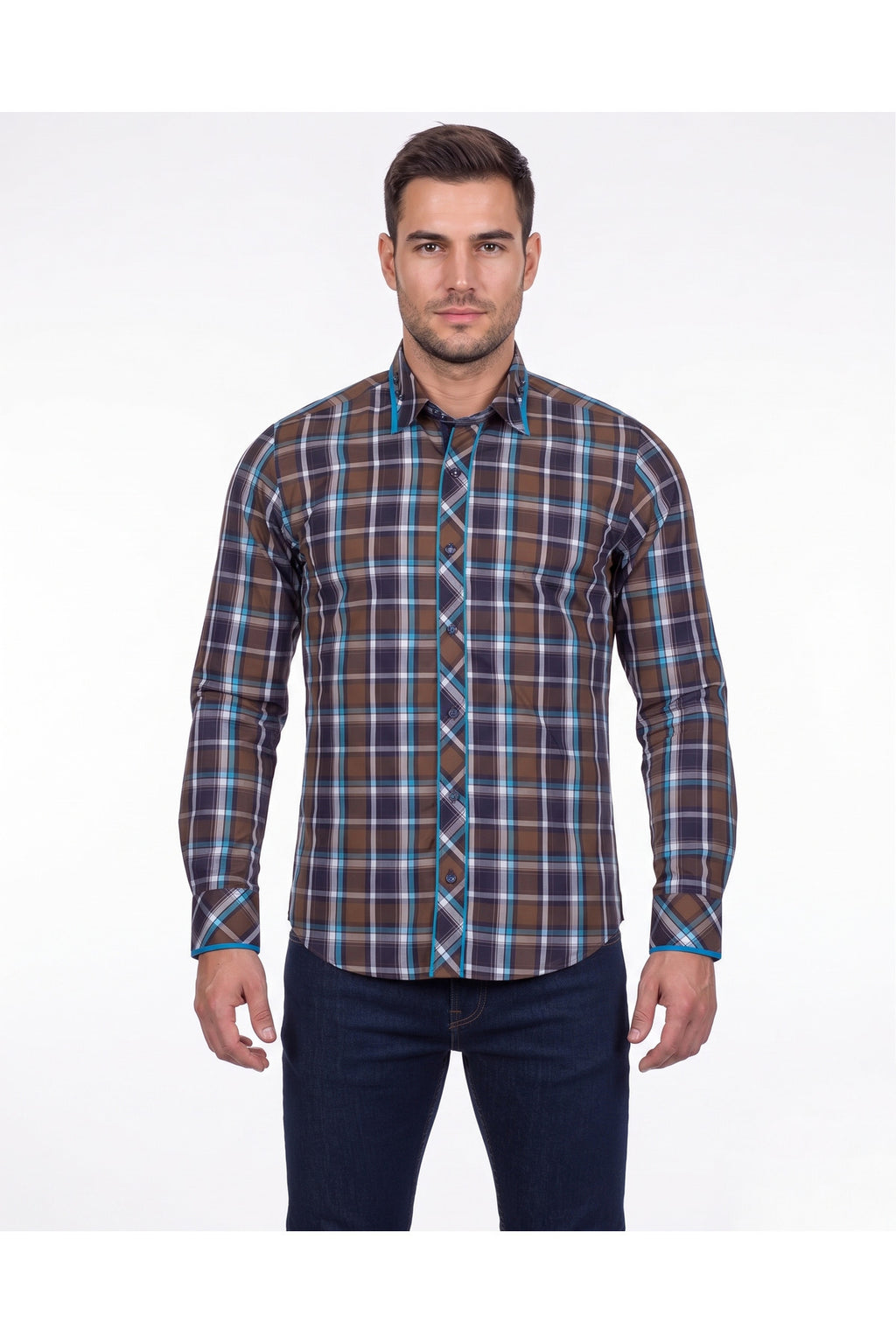 Erkek Kahverengi Kareli Slim Fit %100 Pamuk Casual Tasarım Gömlek