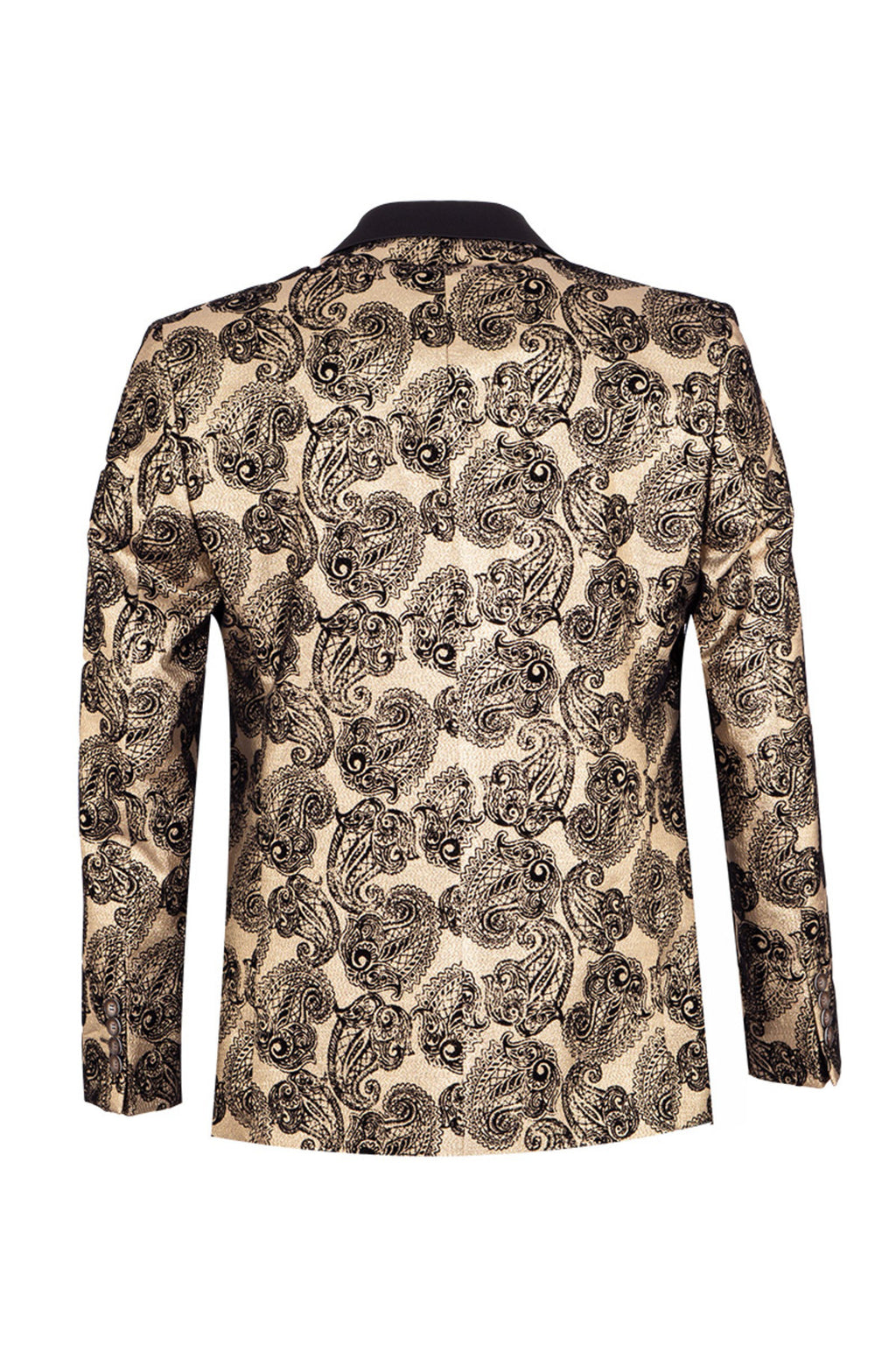 Slim Fit Altın Siyah Paisley Desenli Smokin Yaka Çift Düğmeli Ceket & Papyon