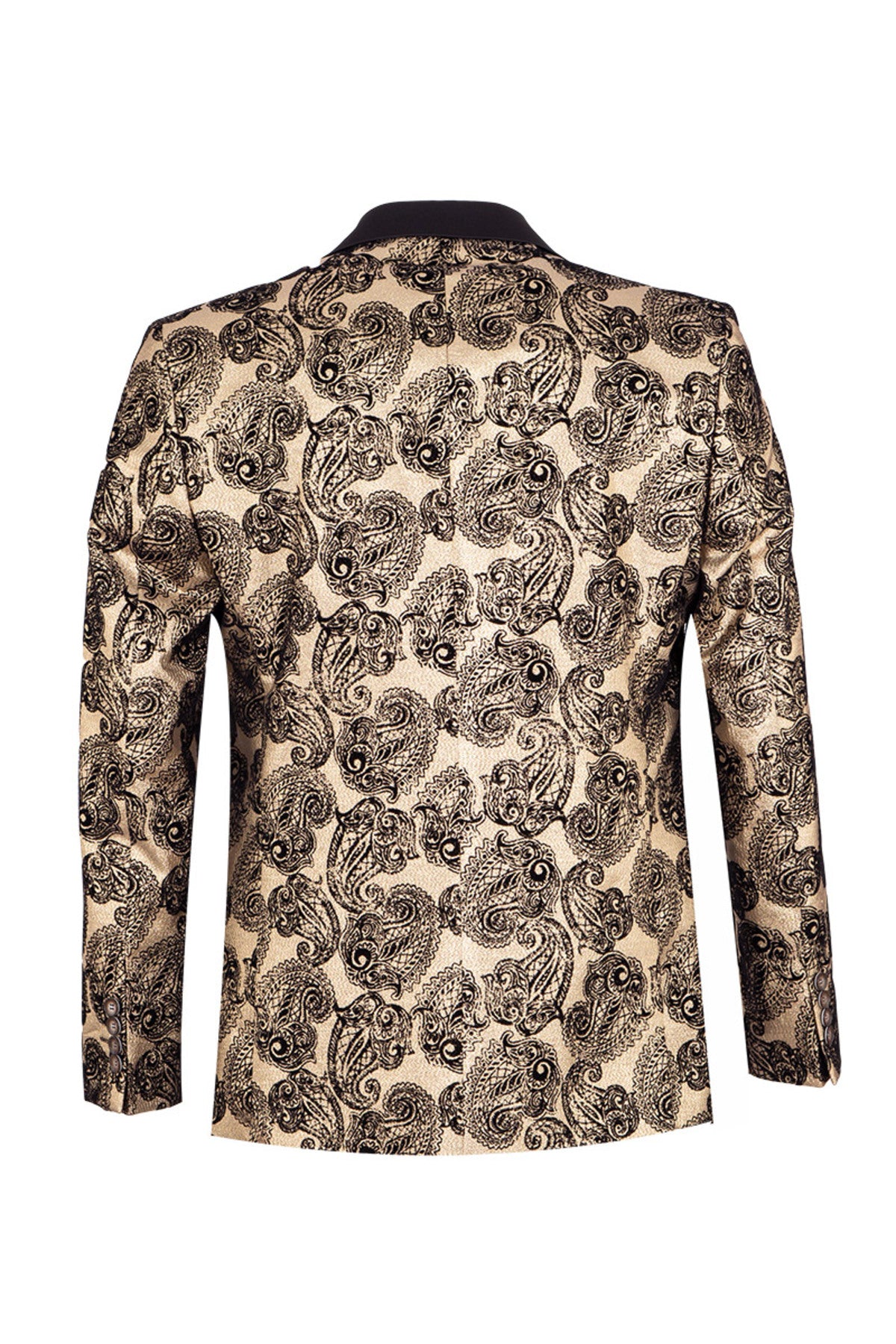 Slim Fit Altın Siyah Paisley Desenli Smokin Yaka Çift Düğmeli Ceket & Papyon