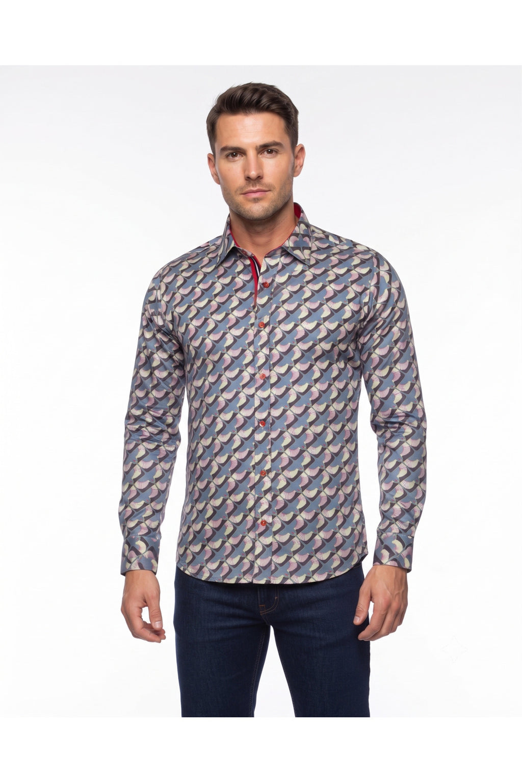 Tasarım Erkek Slim Fit İtalyan Yaka Turna Kuşu Desenli Pamuklu Gömlek