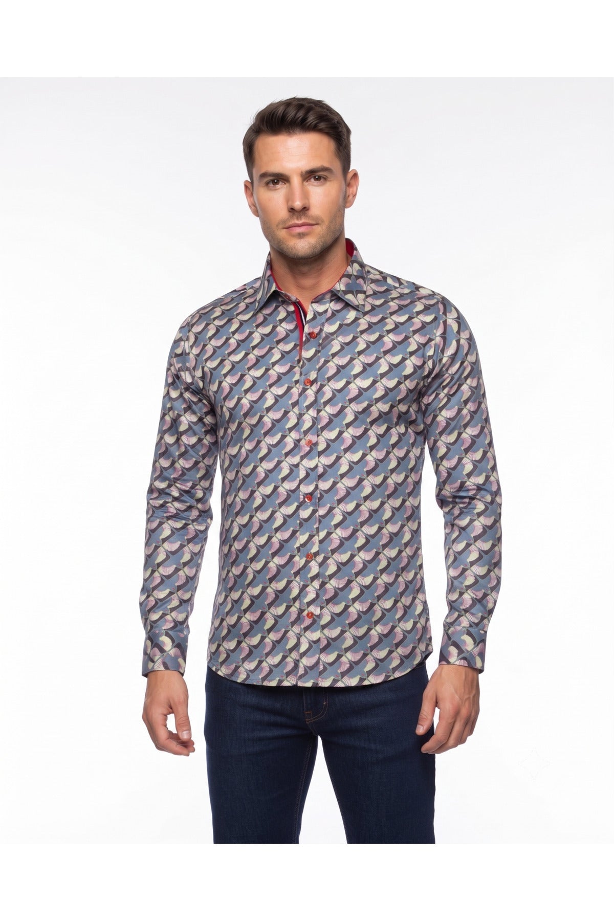 Tasarım Erkek Slim Fit İtalyan Yaka Turna Kuşu Desenli Pamuklu Gömlek