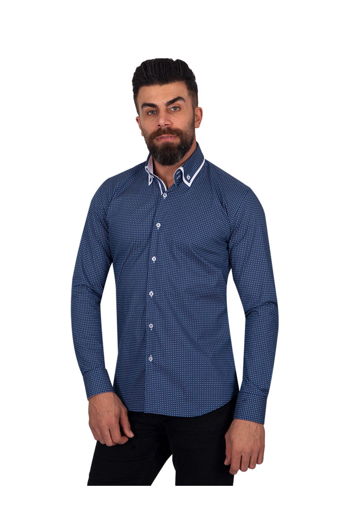 Lacıvert Tasarım Detaylı Slim Fit Erkek Gömlek
