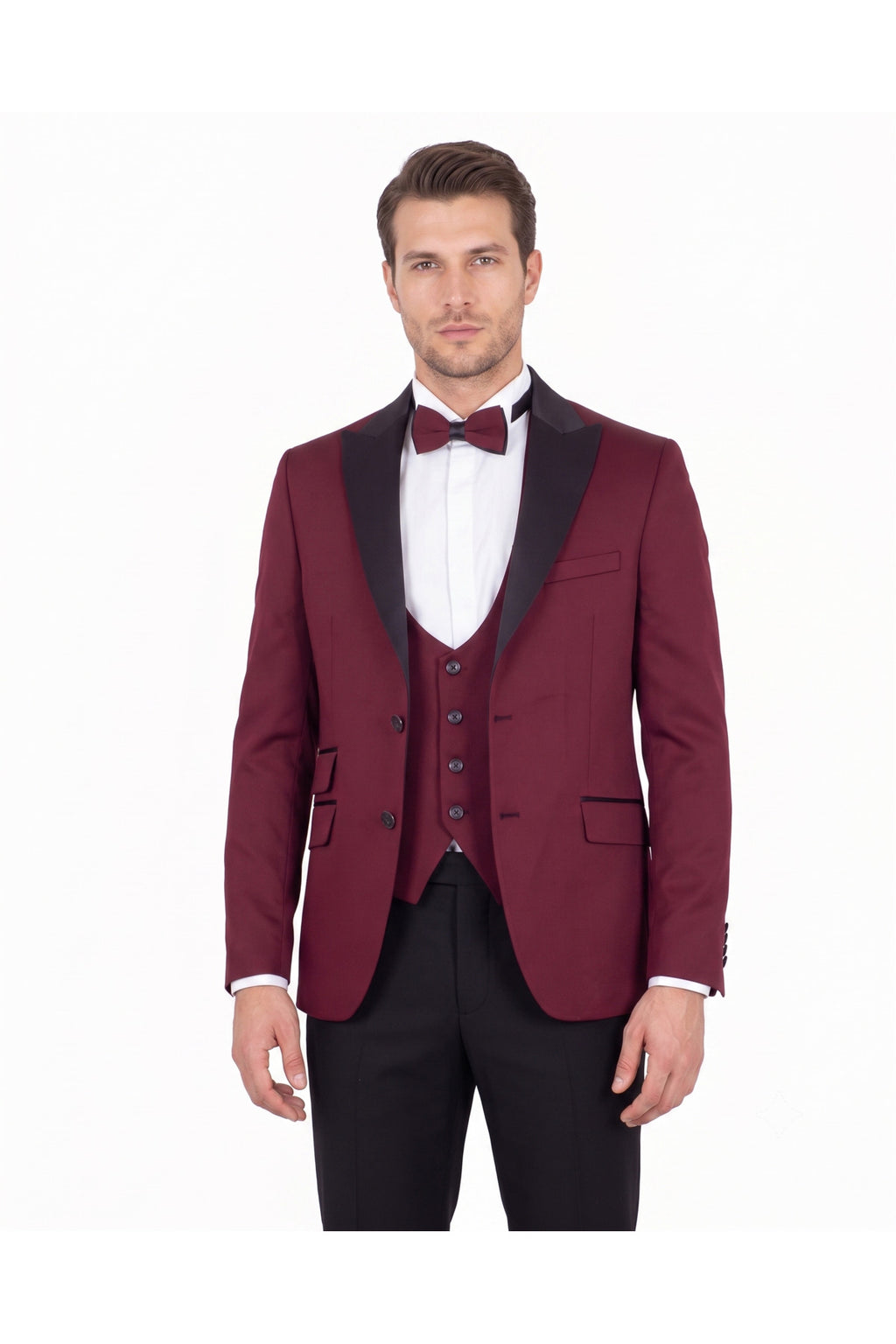 Erkek Slim Fit 3’lü Smokin Seti - Ceket + Yelek + Papyon - Bordo