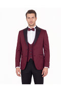 Erkek Slim Fit 3’lü Smokin Seti - Ceket + Yelek + Papyon - Bordo