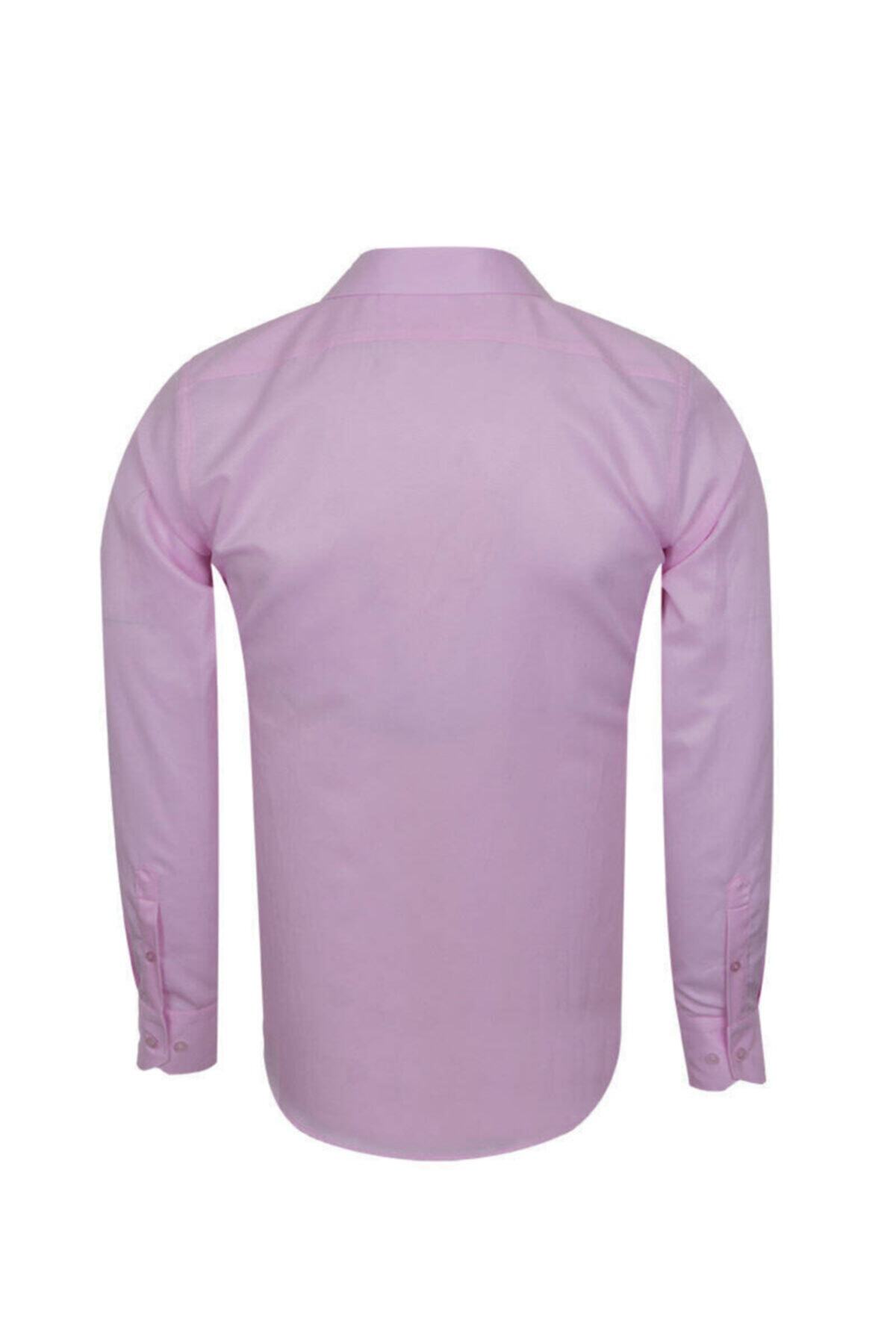 Erkek Pembe Pamuklu Diagonel Kumaş Verev Çizgili Slim ve Regular Fit Uzun Kollu Gömlek