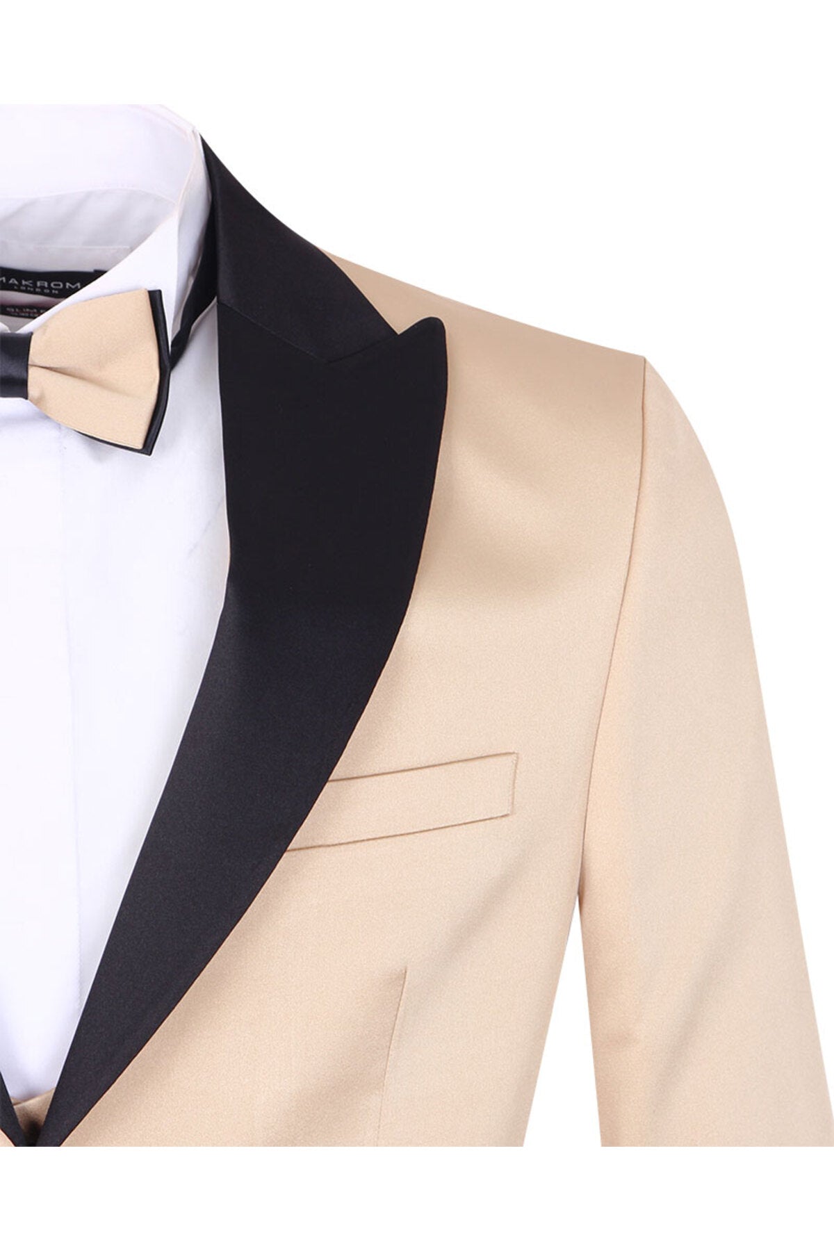 Erkek Slim Fit 3’lü Smokin Seti - Ceket + Yelek + Papyon - Bej