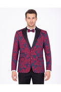 Özel Tasarım Çift Cepli Bordo Gül Desenli Blazer Ceket ve Papyon Takımı