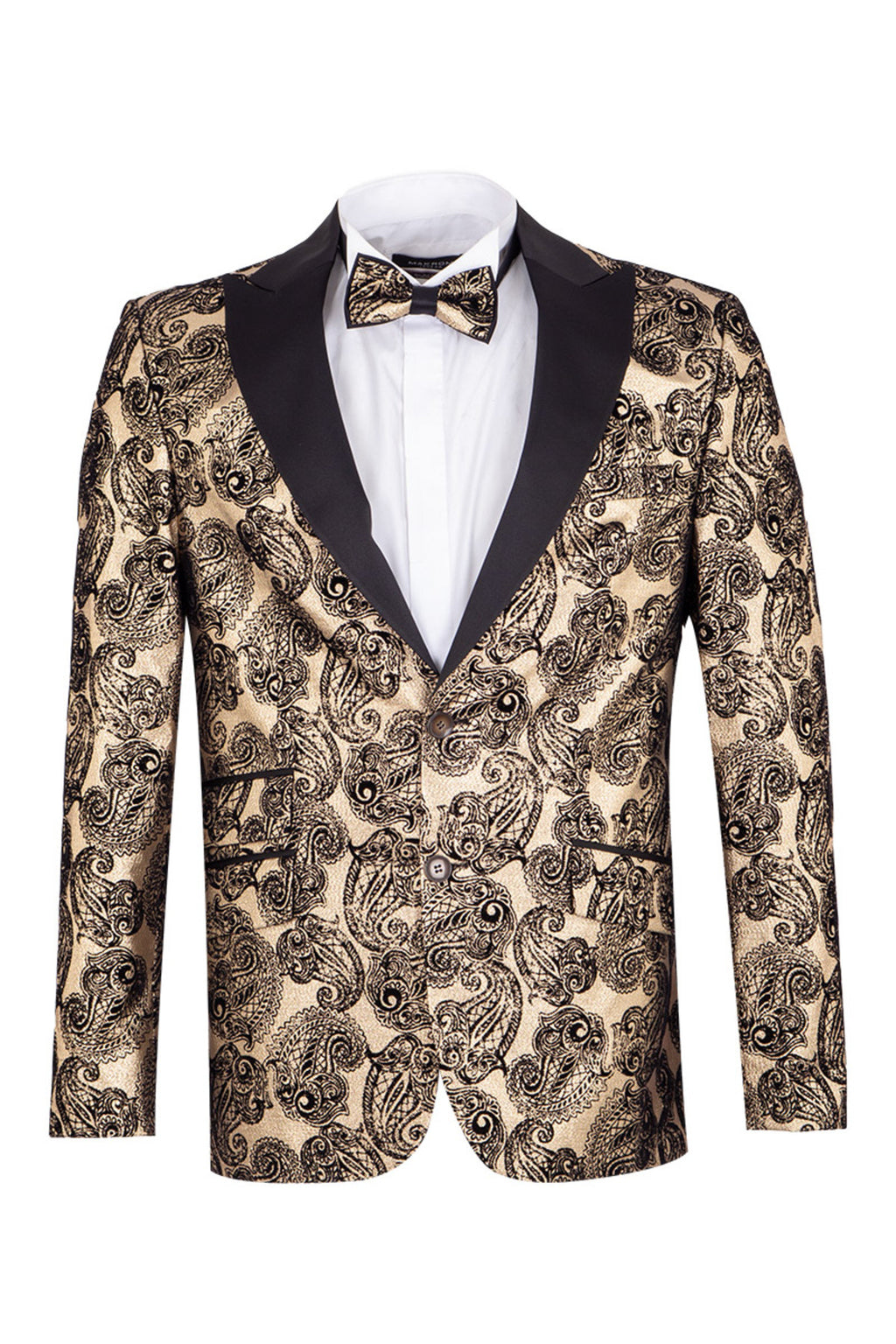 Slim Fit Altın Siyah Paisley Desenli Smokin Yaka Çift Düğmeli Ceket & Papyon