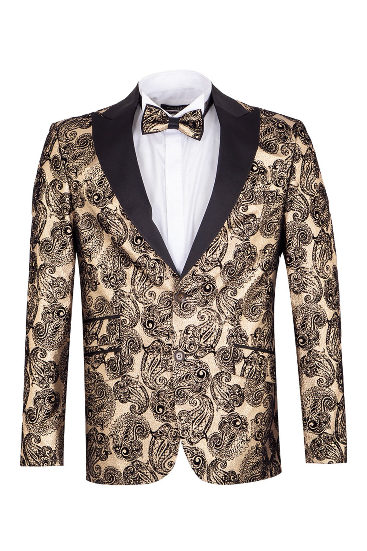 Slim Fit Altın Siyah Paisley Desenli Smokin Yaka Çift Düğmeli Ceket & Papyon