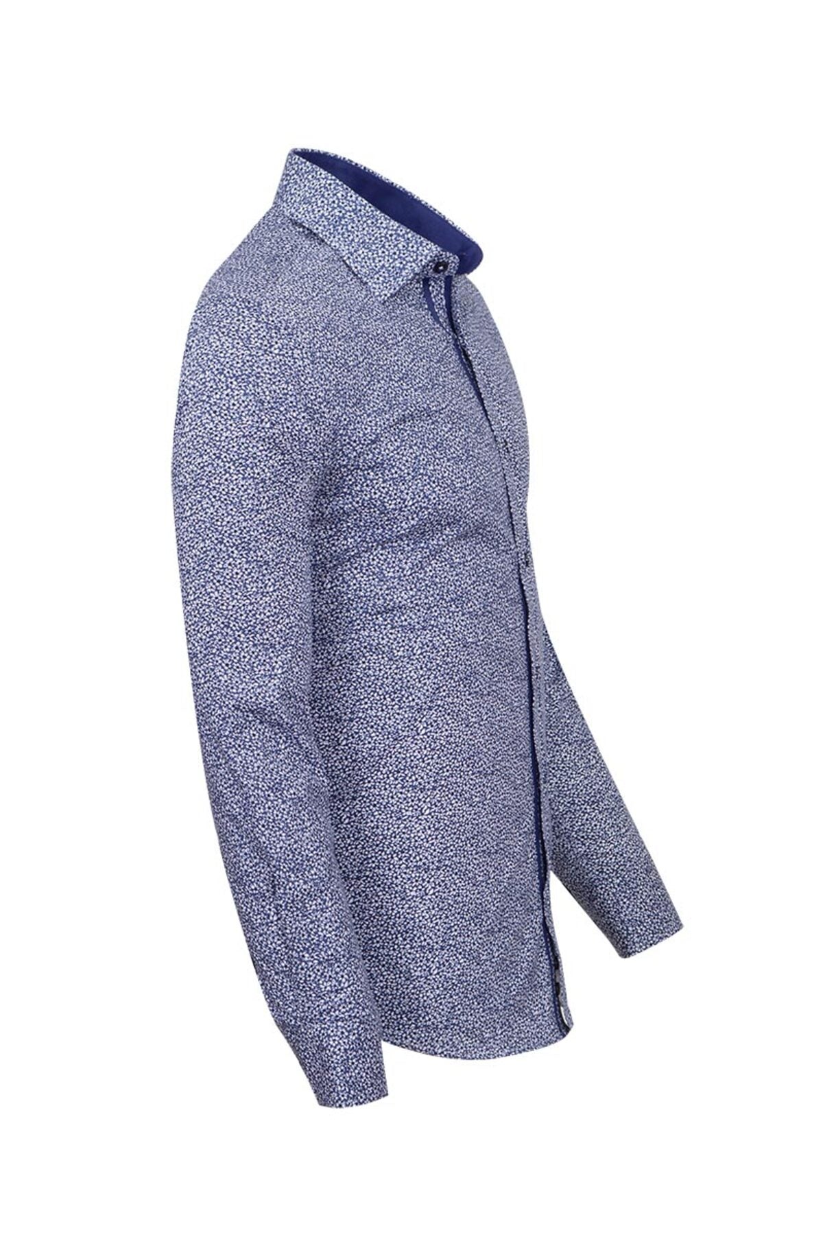 Slim Fit Mavi Kontrast Detaylı Mikro Çiçekli Likralı Pamuk Gömlek