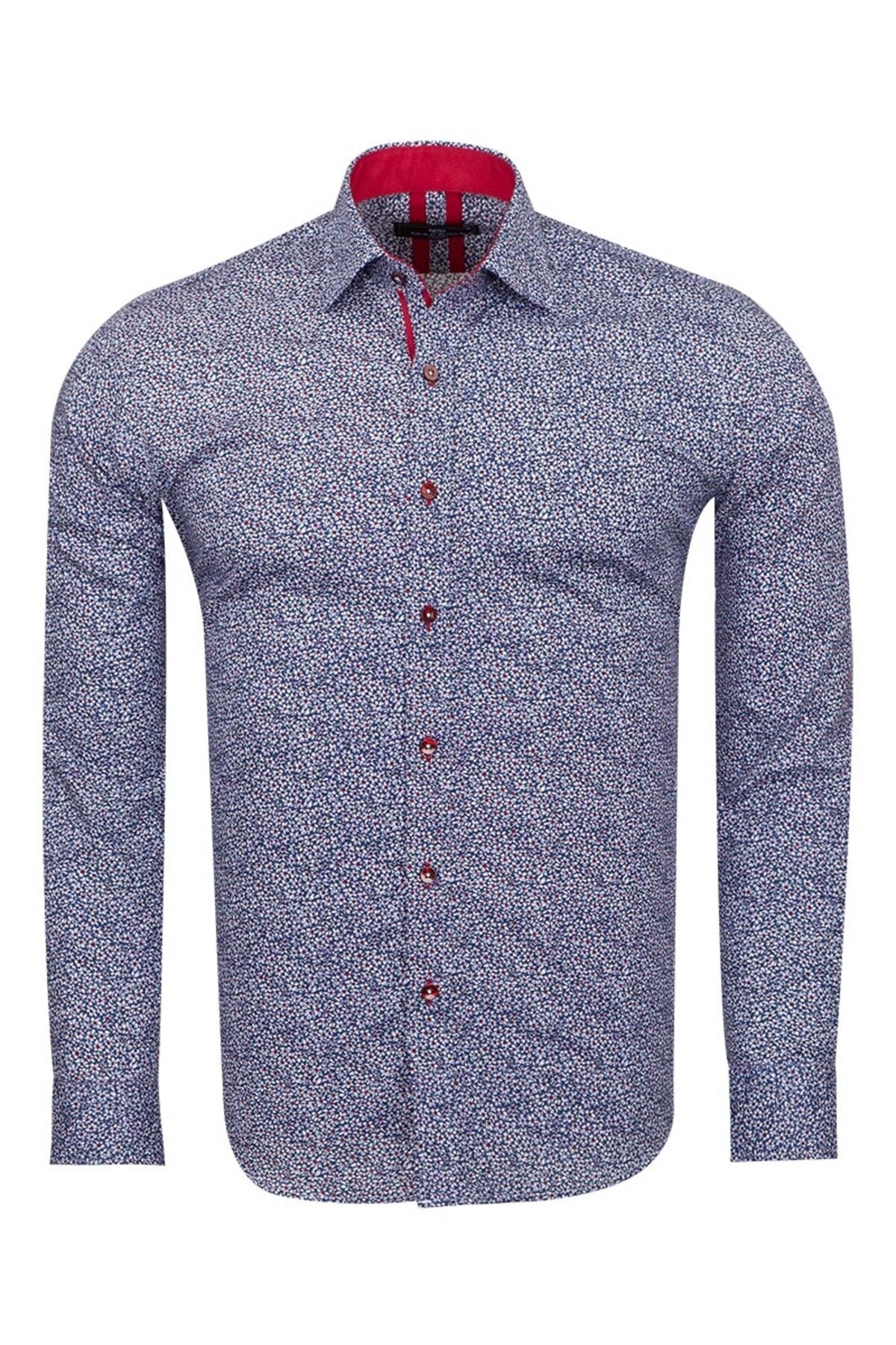 Slim Fit Kırmızı Kontrast Detaylı Mikro Çiçekli Likralı Pamuk Gömlek