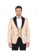 Erkek Slim Fit 3’lü Smokin Seti - Ceket + Yelek + Papyon - Bej