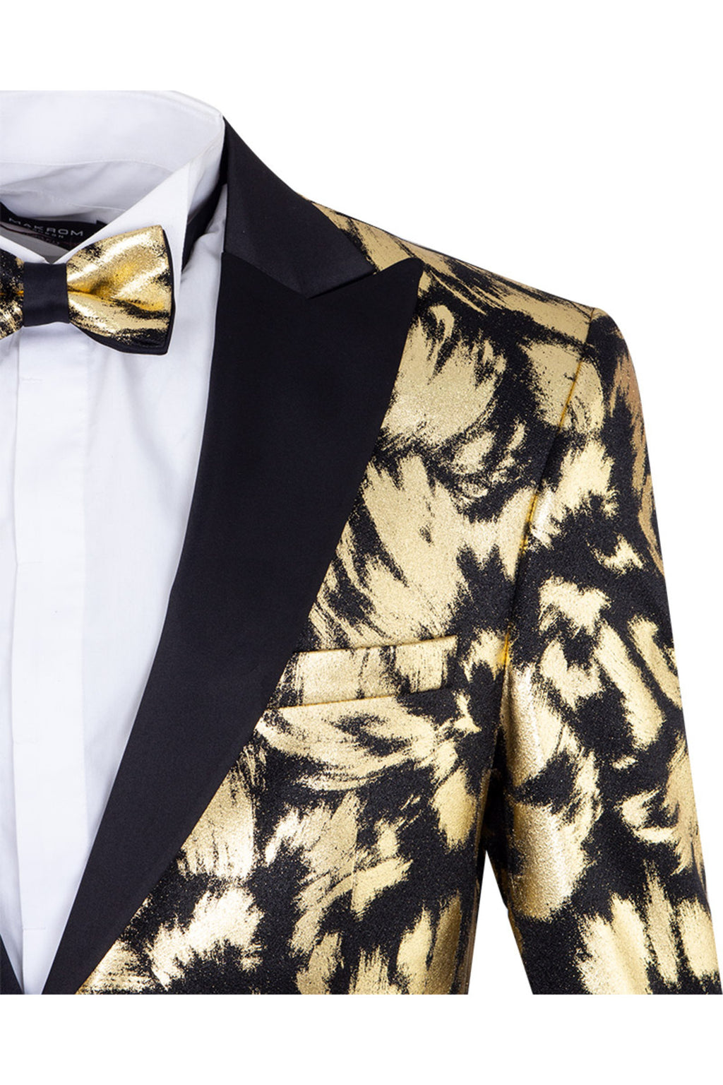 Erkek Altın Sarı Siyah Desenli Slim Fit Smokin Ceket - Papyon Hediyeli