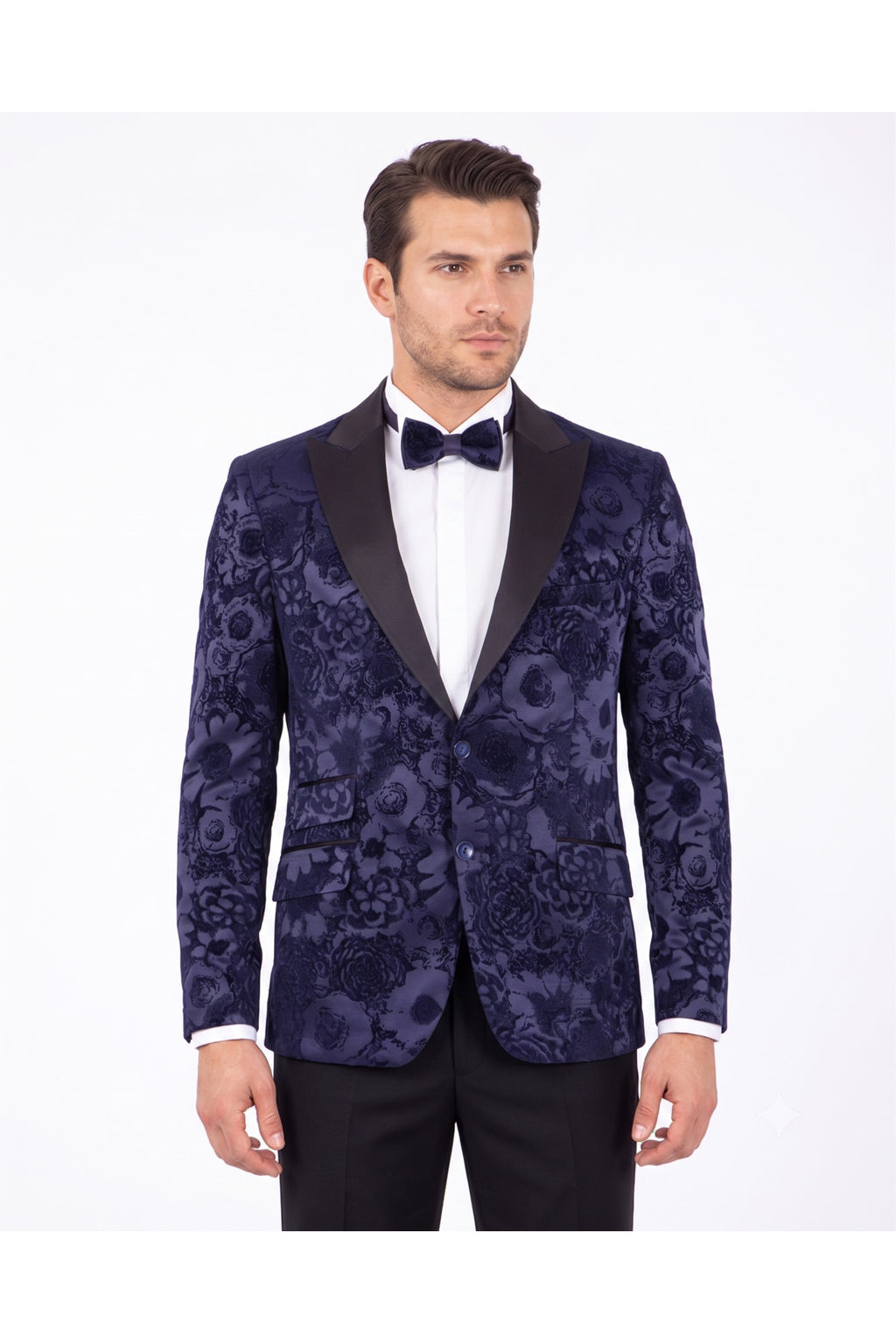 Premium Lacivert Kadife (Velvet) Jakar Smokin Ceket - Kabartma Çiçek Desenli Papyon Seti