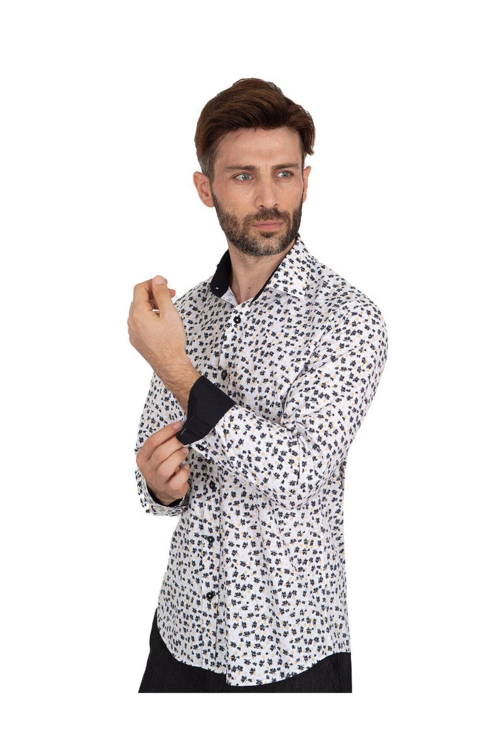 Erkek Siyah Desenli Uzun Kol Detaylı Classic Fit Pamuklu Gömlek