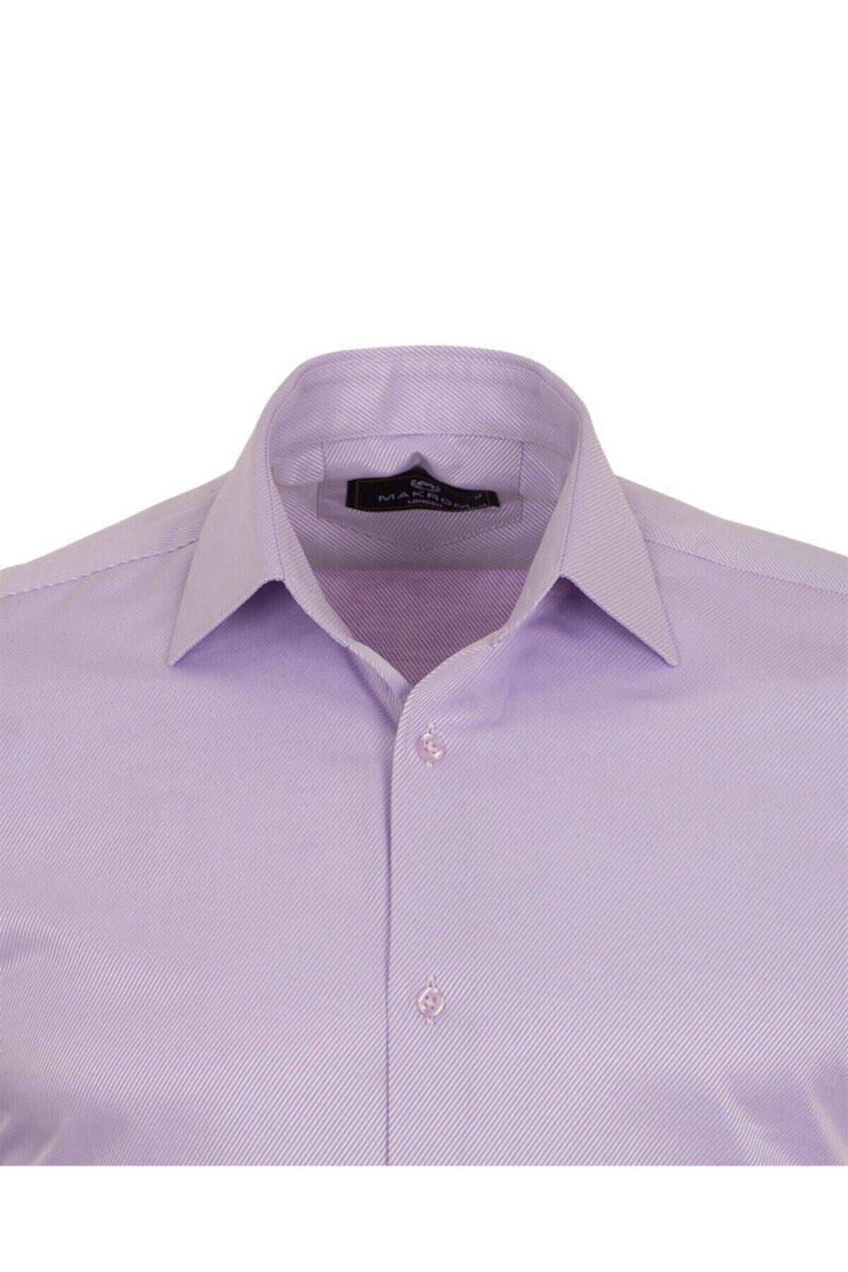 Erkek Lila Pamuklu Diagonel Kumaş Verev Çizgili Slim ve Regular Fit Uzun Kollu Gömlek