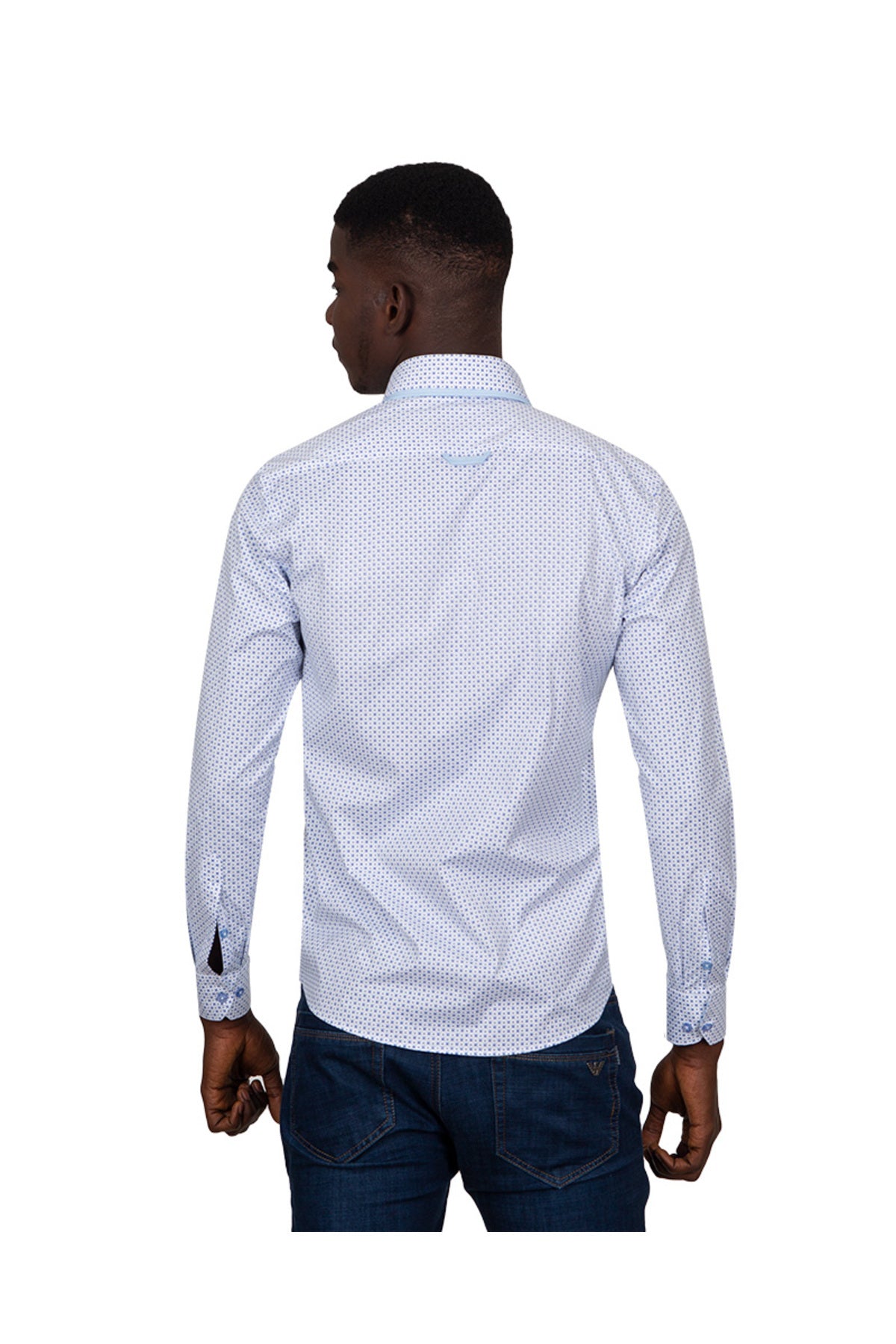 Erkek Beyaz Mavi Mikro Desenli Duble Yaka Slim Fit Pamuklu Gömlek