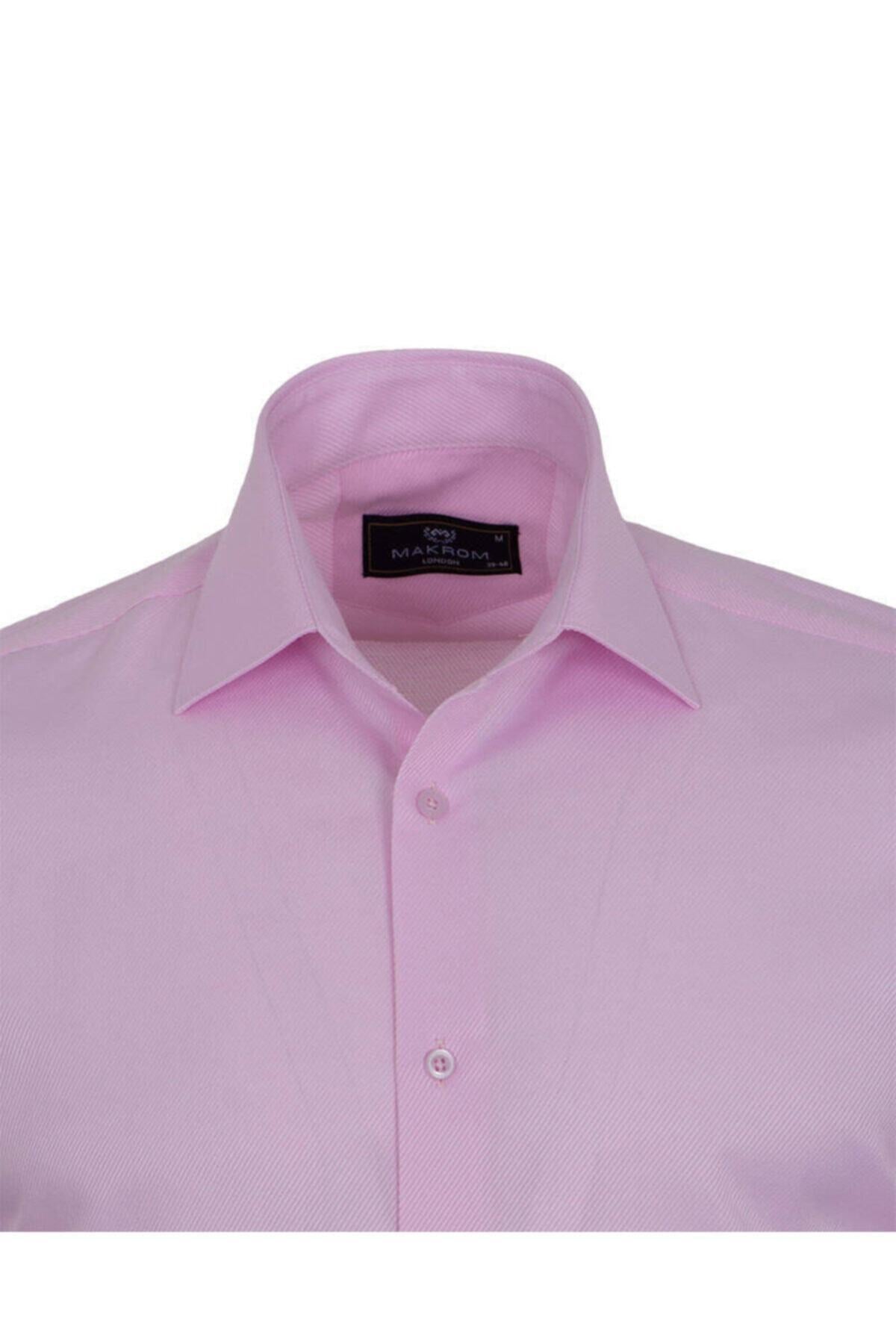 Erkek Pembe Pamuklu Diagonel Kumaş Verev Çizgili Slim ve Regular Fit Uzun Kollu Gömlek