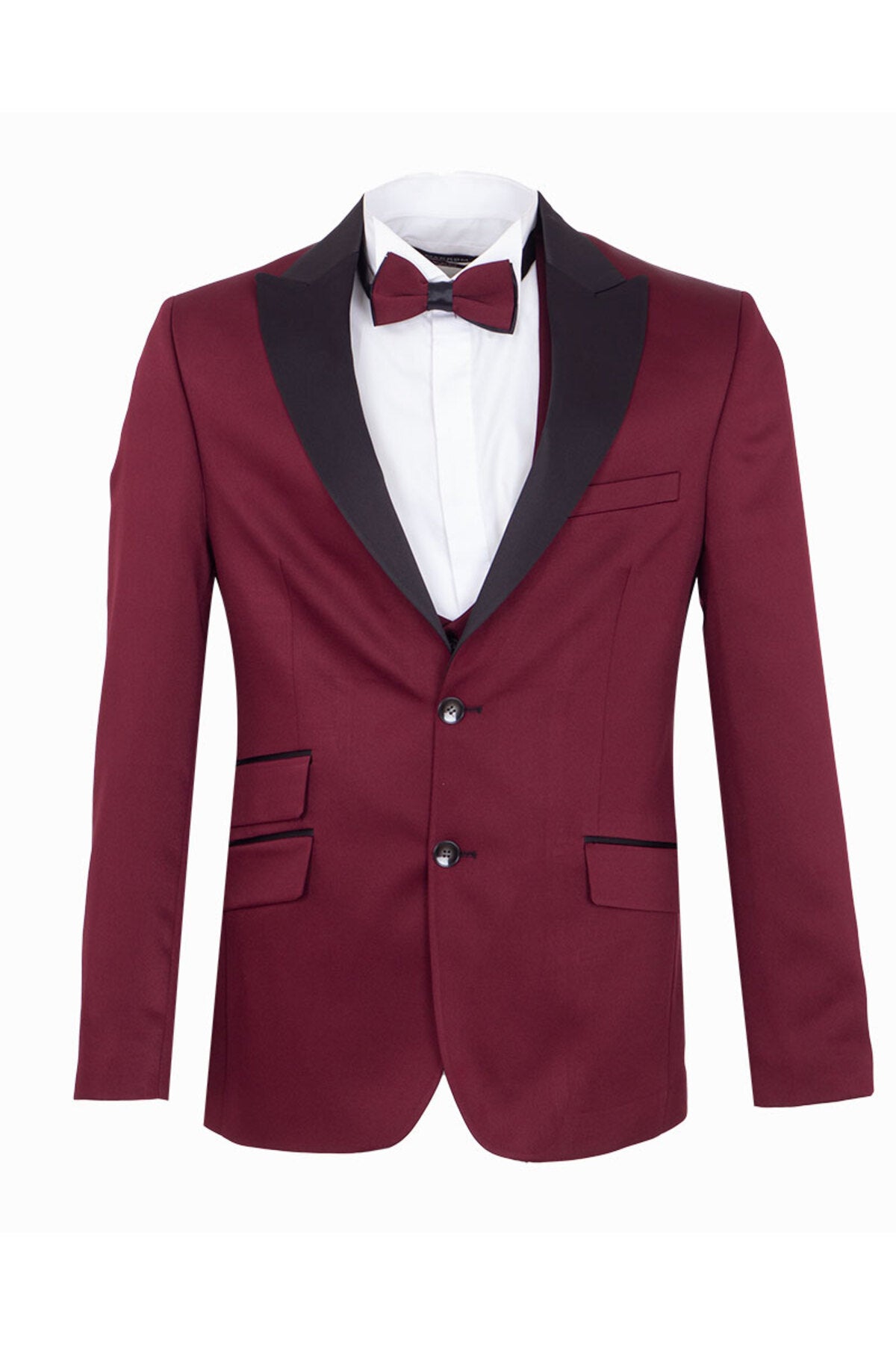 Erkek Slim Fit 3’lü Smokin Seti - Ceket + Yelek + Papyon - Bordo