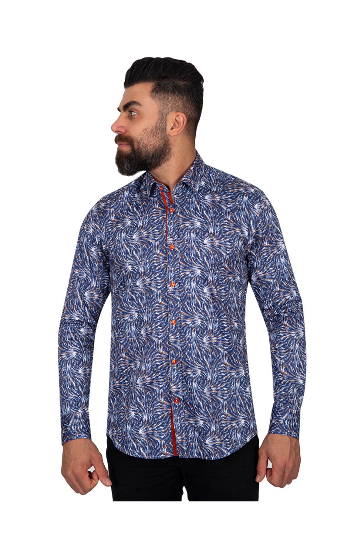 Slim Fit - Kırmızı Detaylı Mikro Desenli %100 Pamuk Gömlek