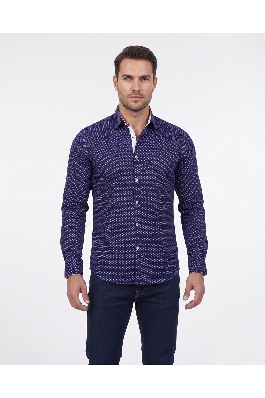 Erkek Lacivert %100 Pamuk Slim Fit Desenli Uzun Kollu Gömlek