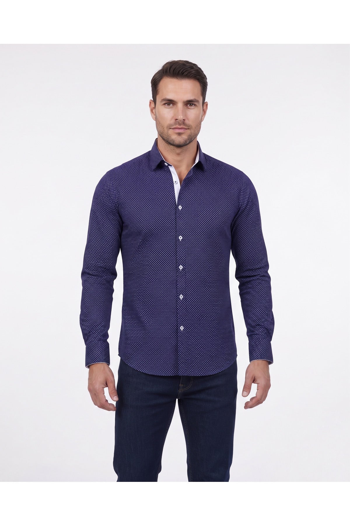 Erkek Lacivert %100 Pamuk Slim Fit Desenli Uzun Kollu Gömlek
