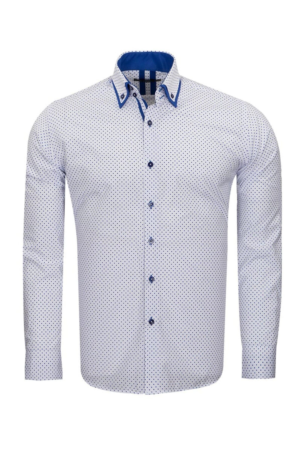 Erkek Beyaz Mavi Puantiyeli Duble Yaka Pamuklu Slim Fit Gömlek