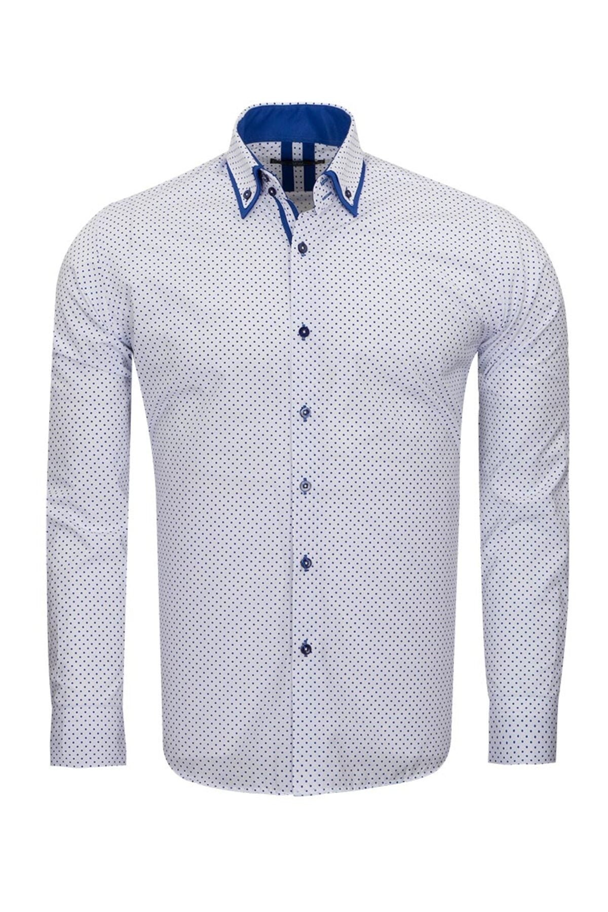 Erkek Beyaz Mavi Puantiyeli Duble Yaka Pamuklu Slim Fit Gömlek