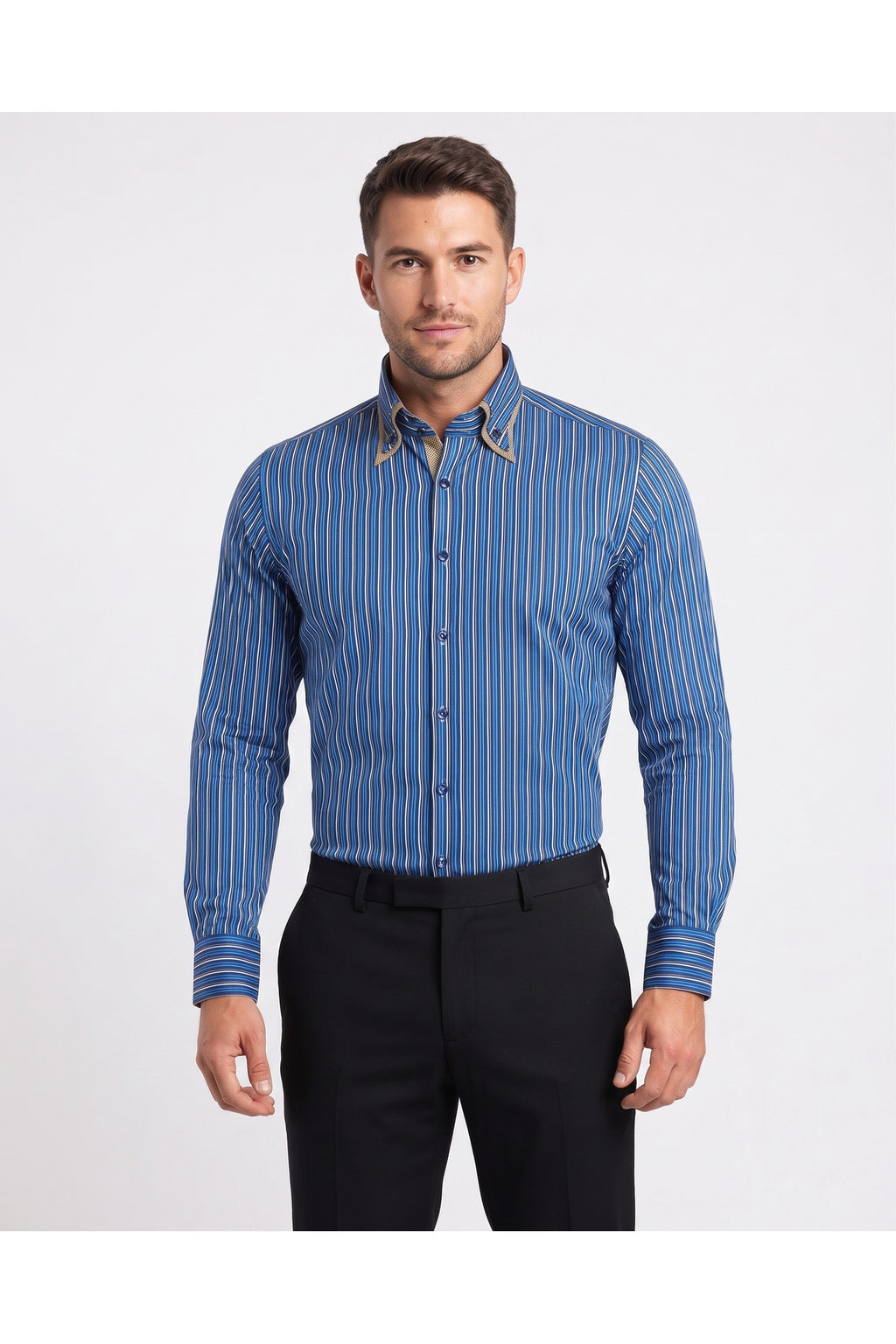 Premium Seri %100 Pamuk Slim Fit Double Yaka Çizgili Gömlek