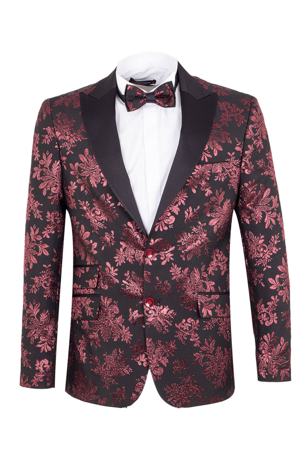 Bordo Siyah Jakarlı Slim Fit Erkek Ceket - Çift Düğmeli & Papyonlu